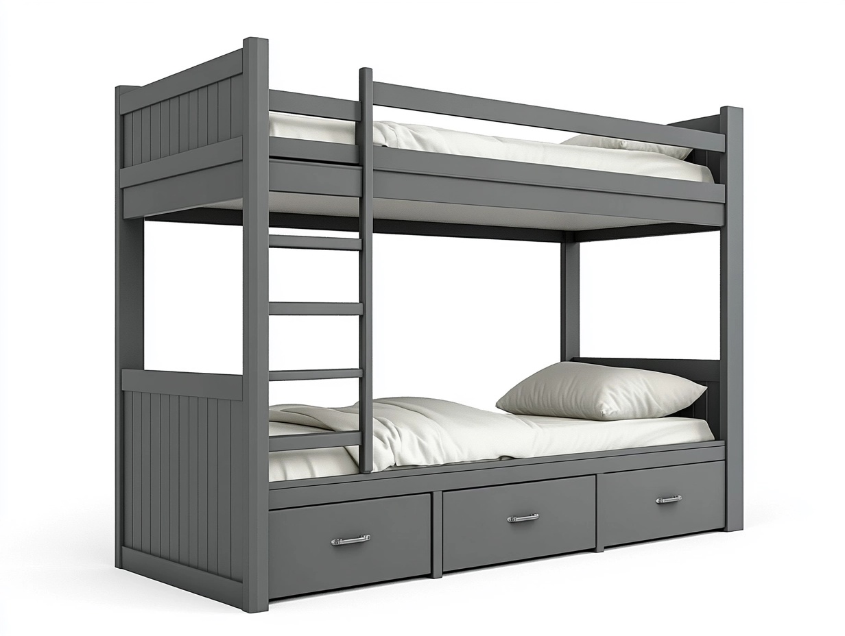 Litera de madera gris con cajones de almacenamiento