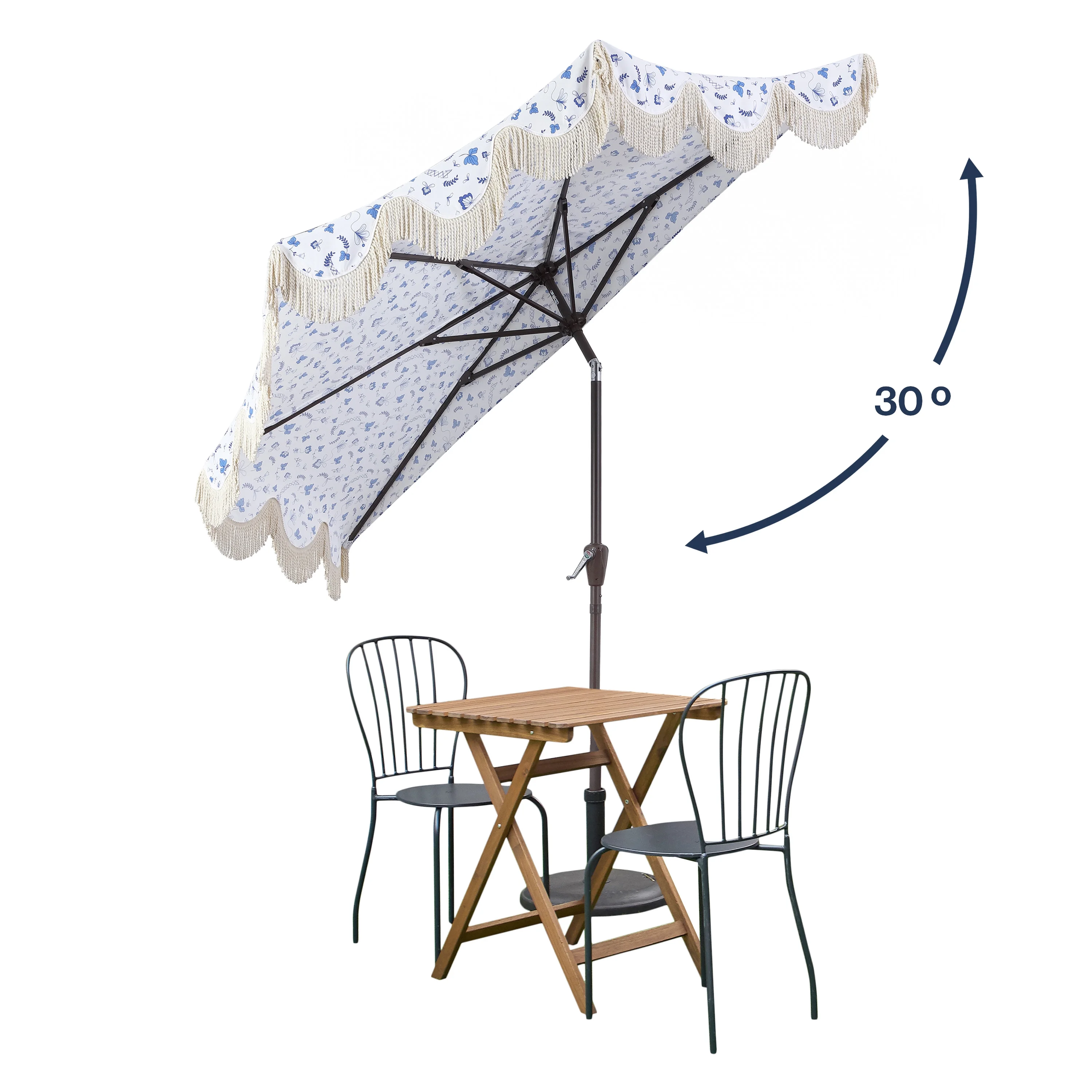 JONATHAN Y Beverly 9 ft. Half Market Patio Umbrella, Designer Classic Scalloped Fringe with Crank, Tilt Button and UV Protection, Blue/White/Cream, Dark Brown Pole - Image 8