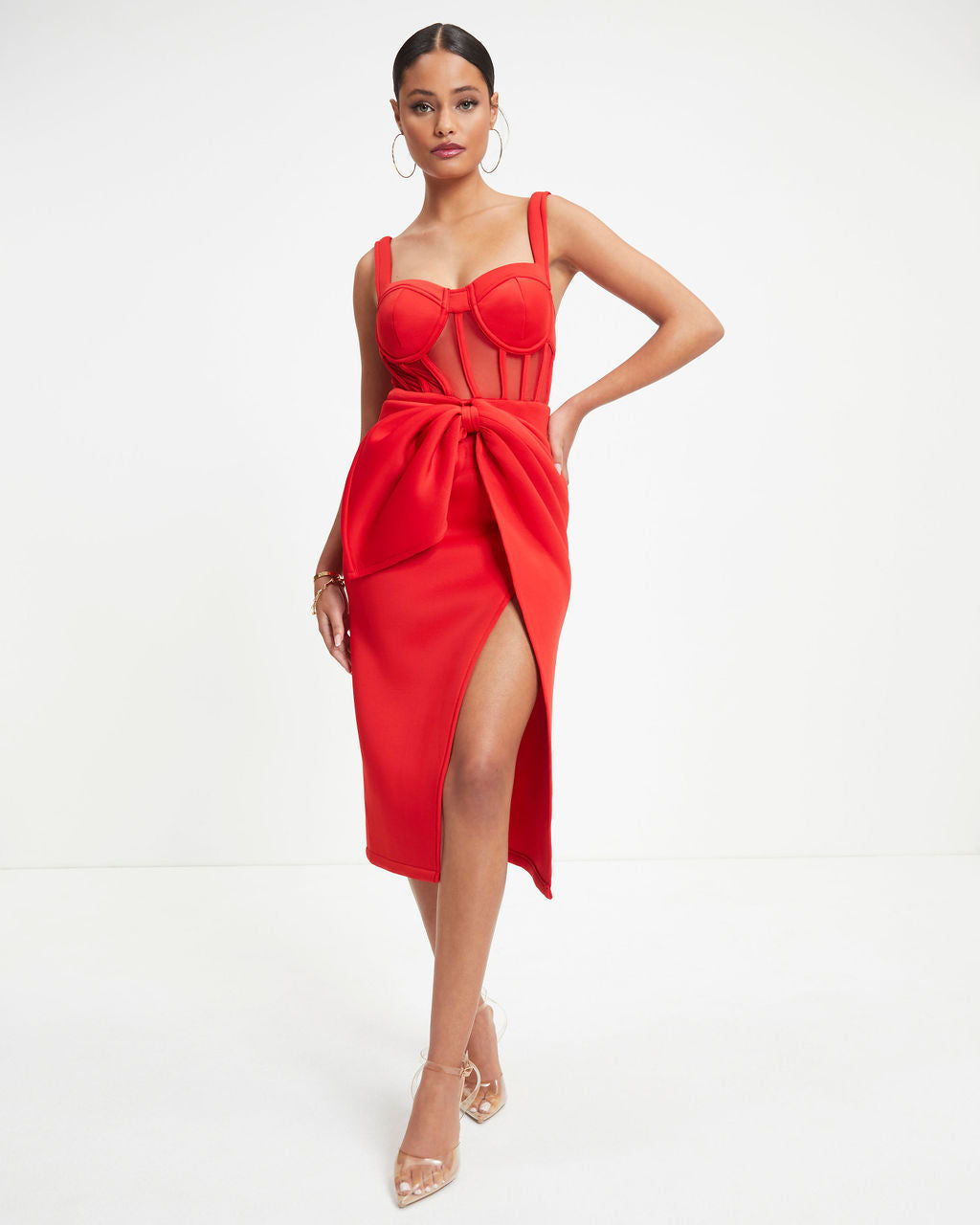 Celestia Sheer Corset Midi Dress - Red - Se7enfashion
