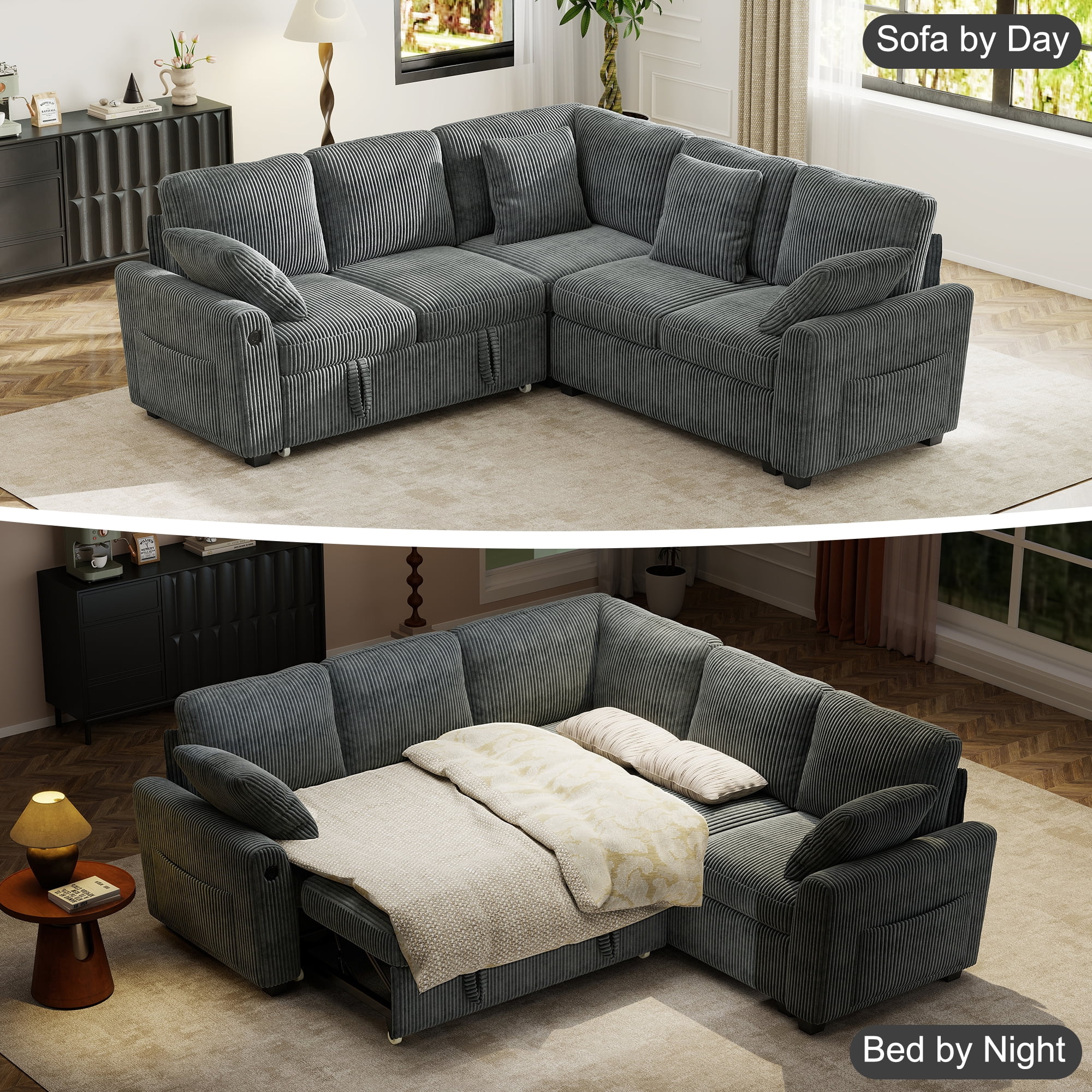BedLuxury 83" Sectional Sleeper Sofa with Pull Out Bed, L Shaped Couch with Storage Seat for Living Room, Gray - Image 4