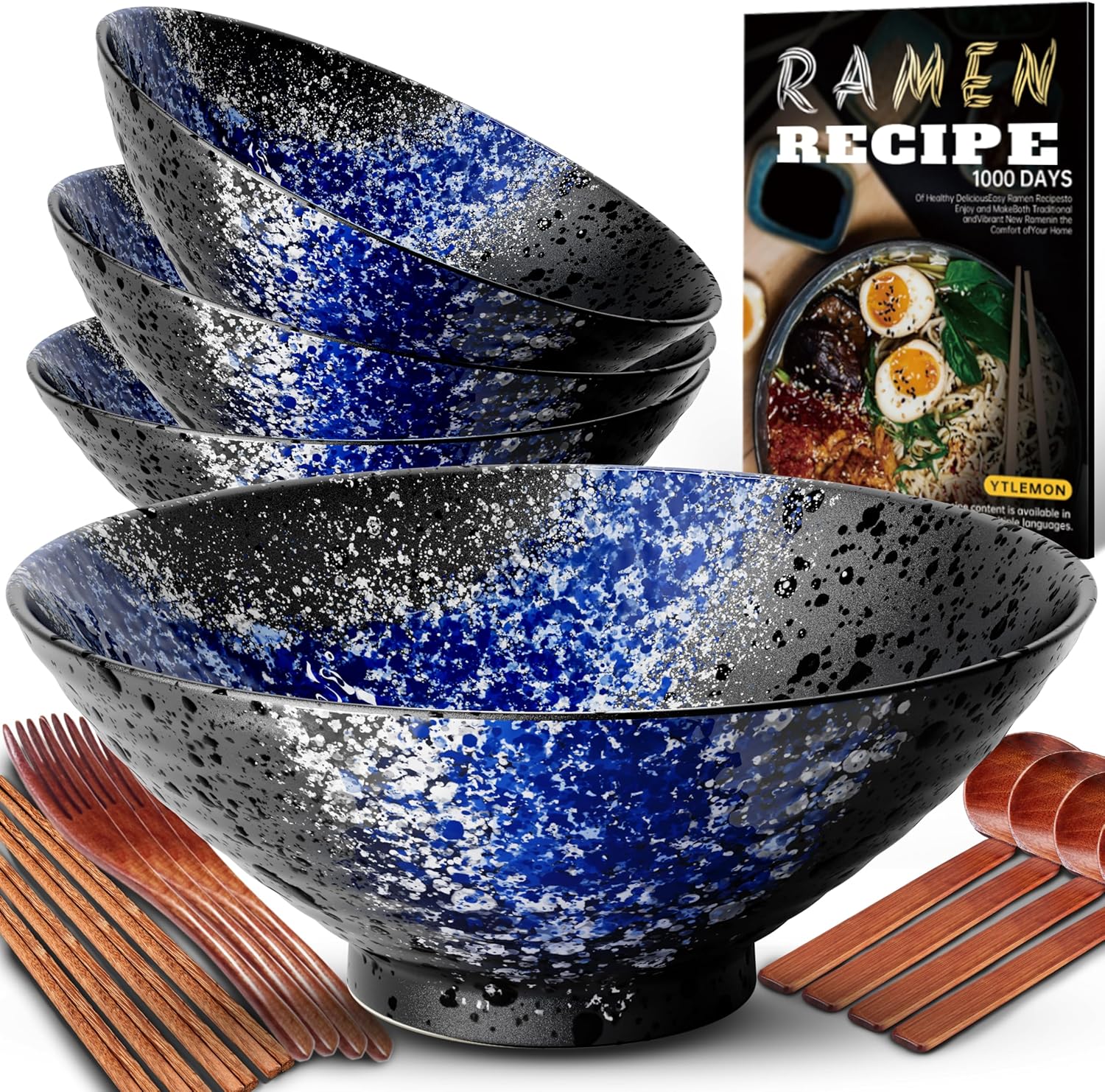 8-Inch Ceramic Ramen Bowl Set of 2 (9 Piece) - Porcelain Japanese Salad Noodles Cereal Fruit Pasta Soup Large Bowls with Recipes Chopsticks Forks Spoons for Men Women Gift Microwave & Dishwasher Safe