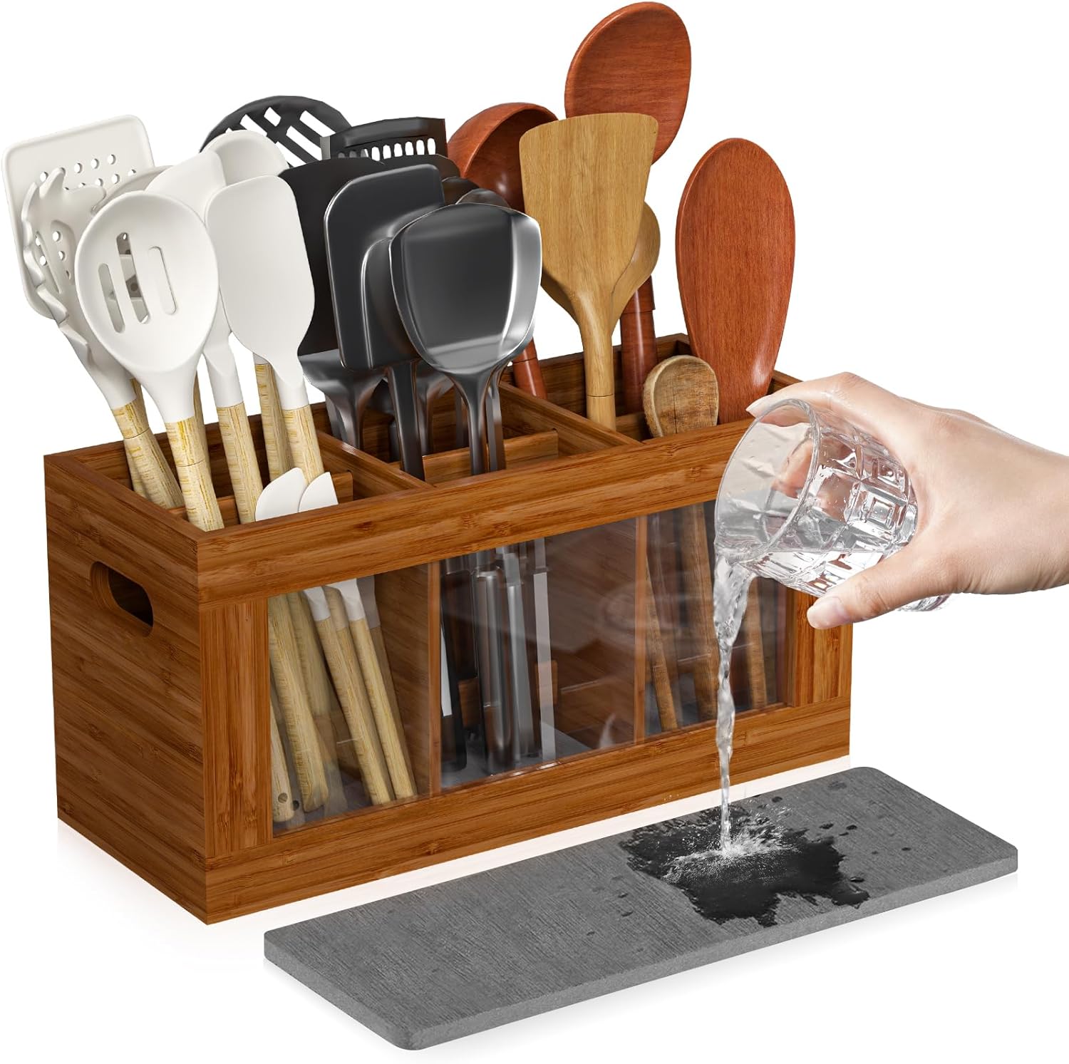 Yofidra Bamboo Utensil Holder & Silverware Organizer: Extra Large Cooking Holder with Absorbing Drying Stone and 6 Compartments Kitchen Countertop Storage Farmhouse Decor Accessories 11.8