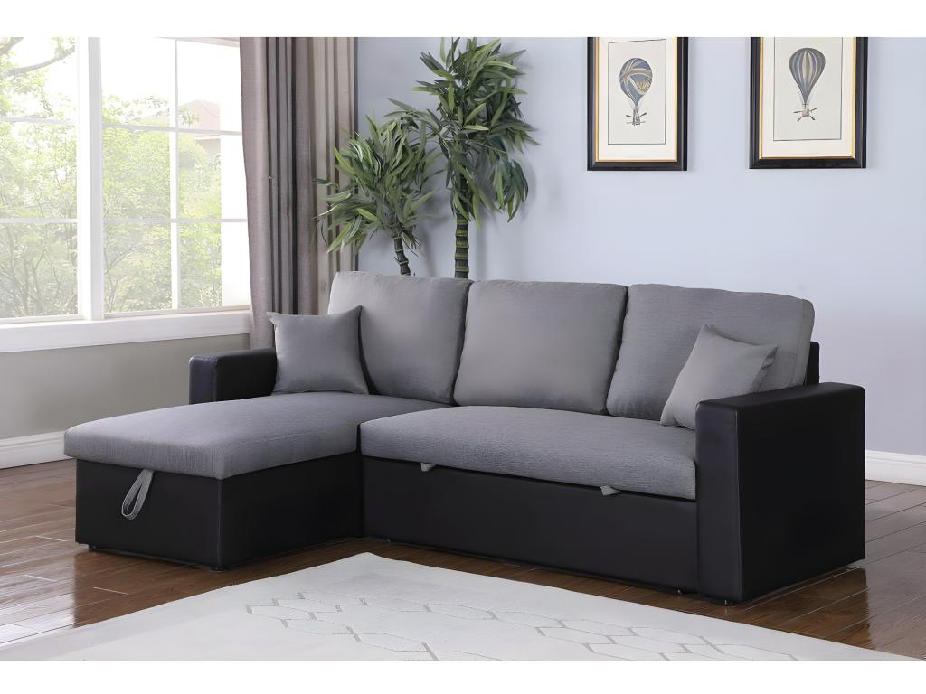Sofá esquinero convertible - 3 plazas - gris / negro