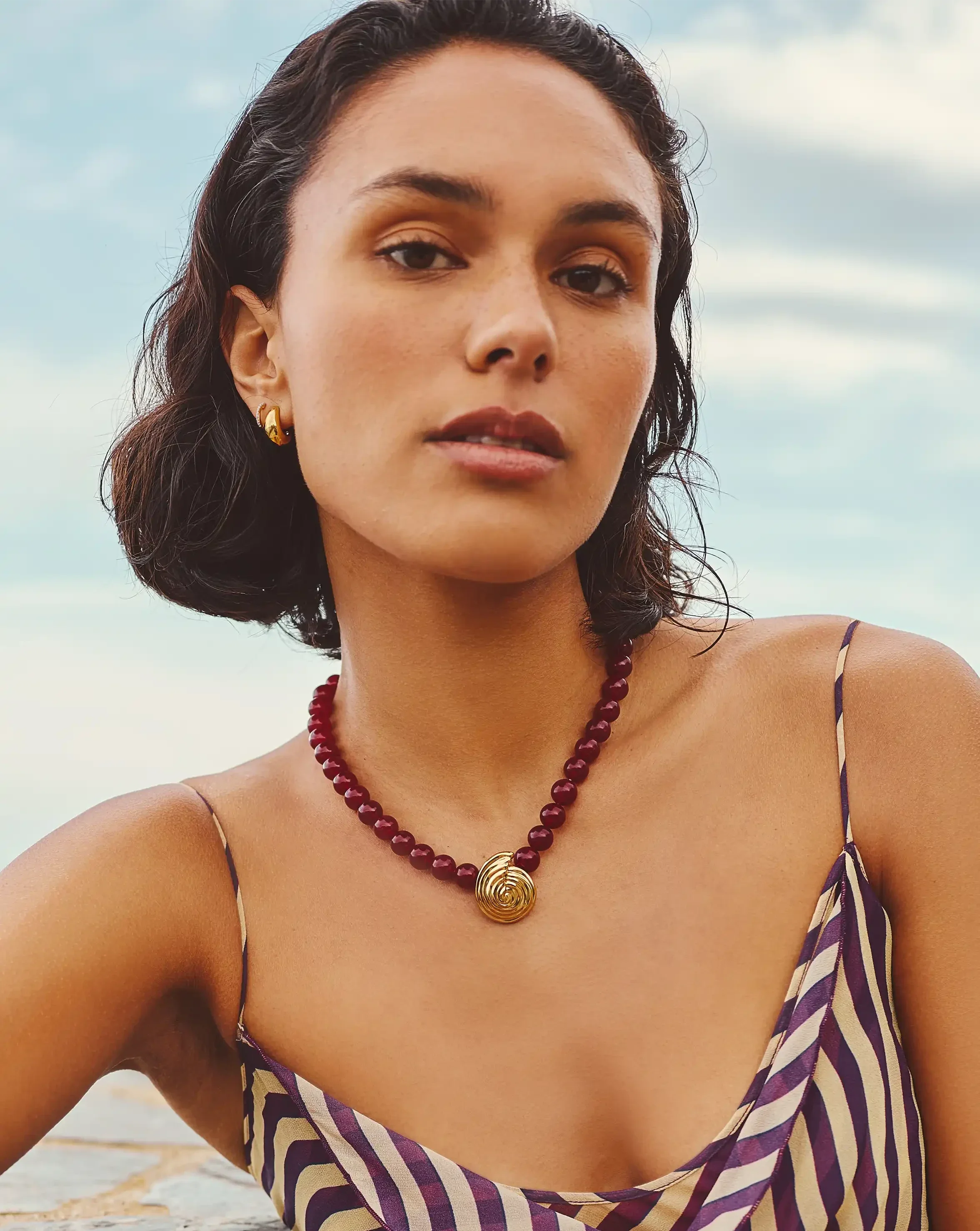 Spiral Gemstone Beaded Pendant Necklace | 18ct Gold Plated/Dark Cherry Crystal Quartz