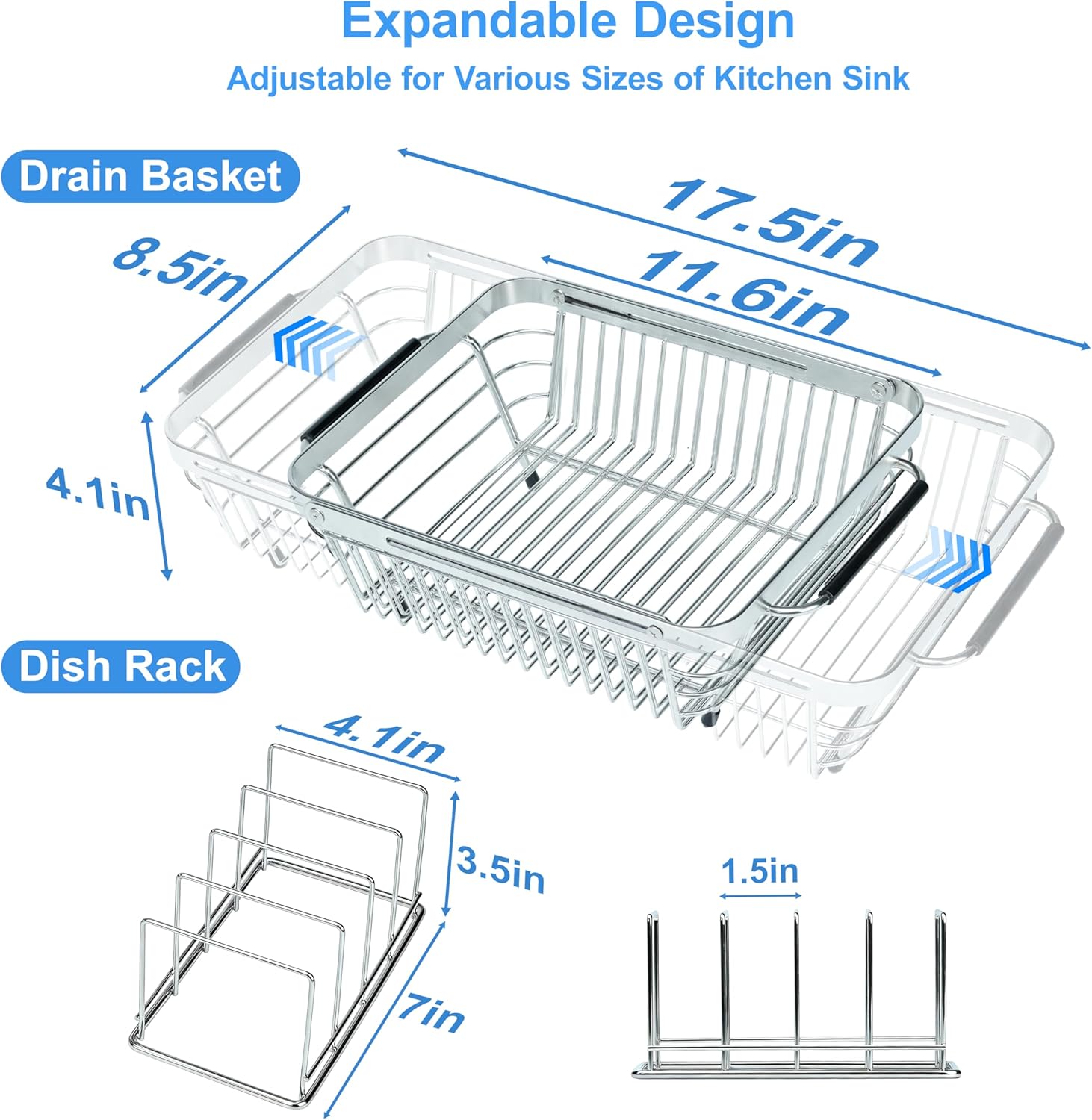 Dish Drying Rack Over The Sink, Stainless Steel Dish Racks for Kitchen Counter, Expandable Drainer for Kitchen Sink Organizer, 2-in-1 Extend Drain Basket and Plates Holder for Utensil Storage