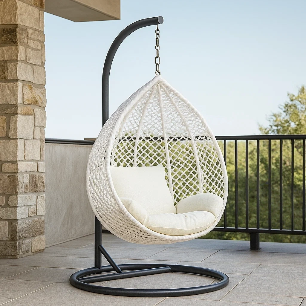 Sillón colgante,estructura metálica negra,asiento de mimbre blanco,cojines incluidos,100x100x200 cm - lI0YwIwEX4vS