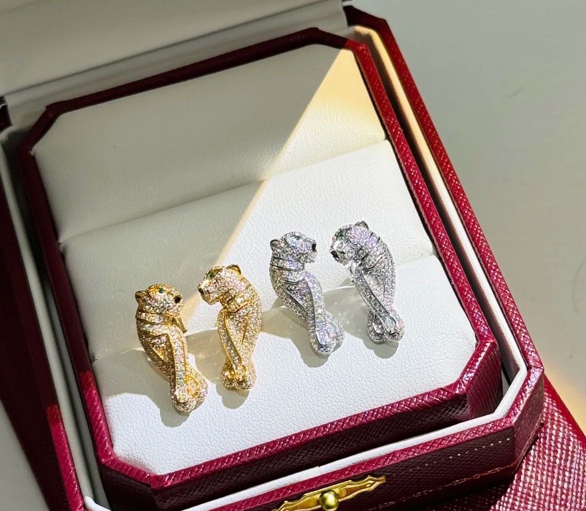 Cartier Full Paved Diamond Leopard Stud Earrings - Original Replica Club