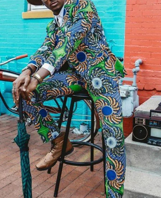 Casual Ethnic Print Lapel Collar Blazer & Pants 2Pcs Set