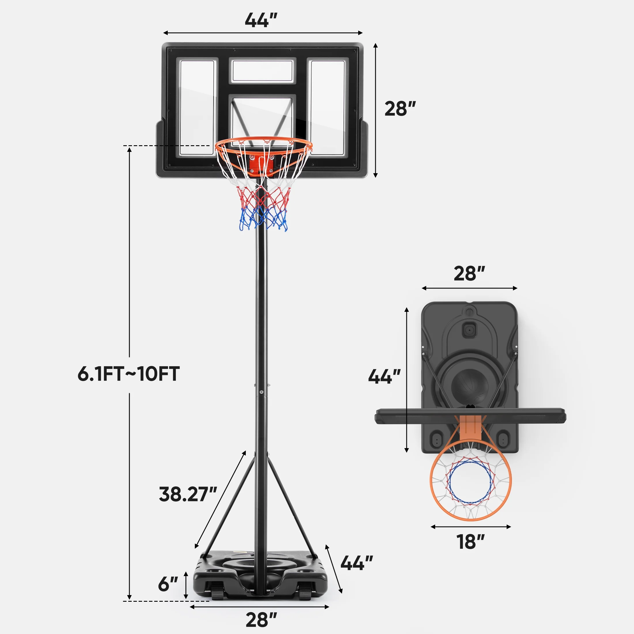 Edx 6.1ft-10ft Adjustable Height 44" Shatterproof Outdoor Portable Basketball System (Adult) - Image 5