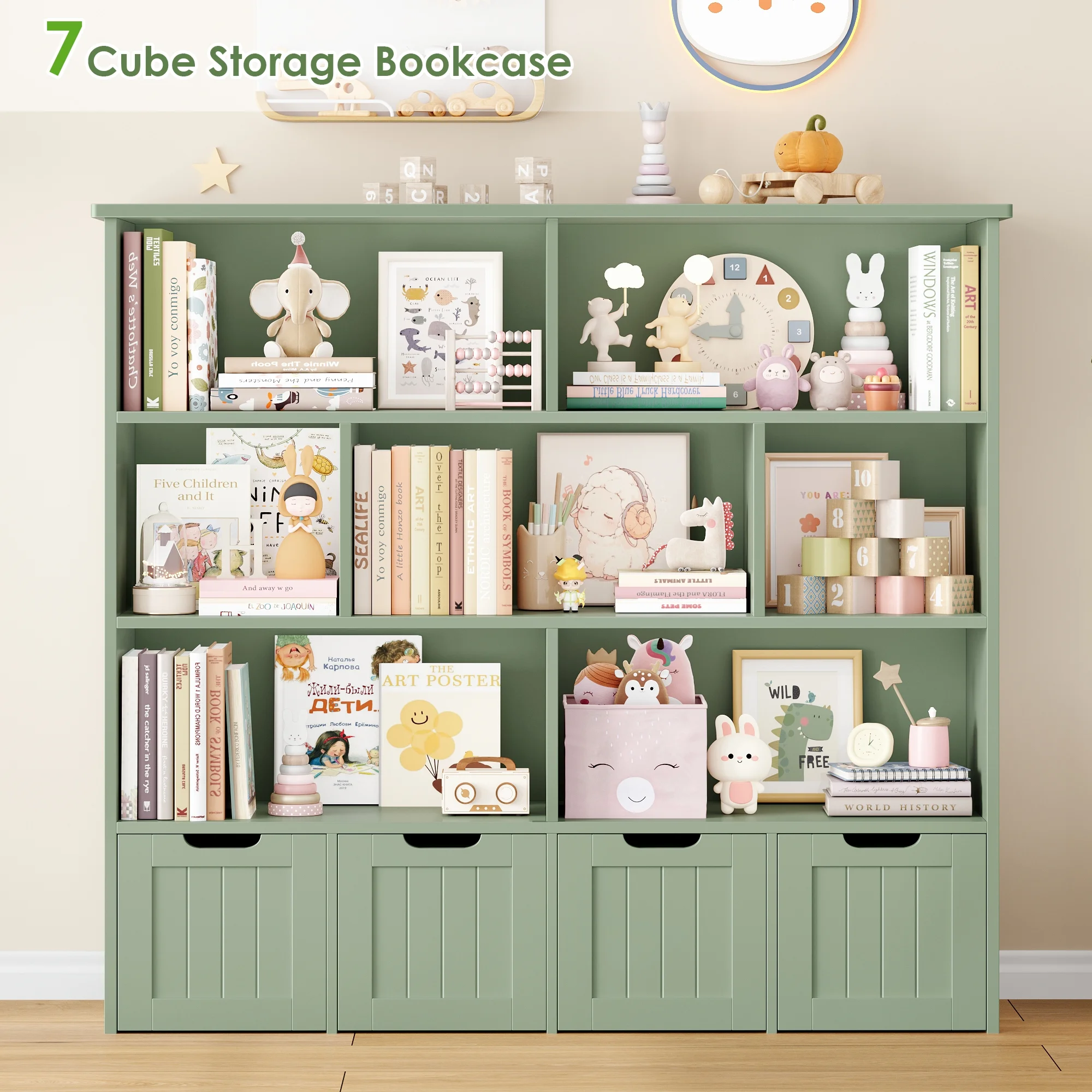 Homfa 7 Cube Toy Storage Organizer, Kids Geometric Bookcase and Bookshelf with 4 Drawers, White - Image 34