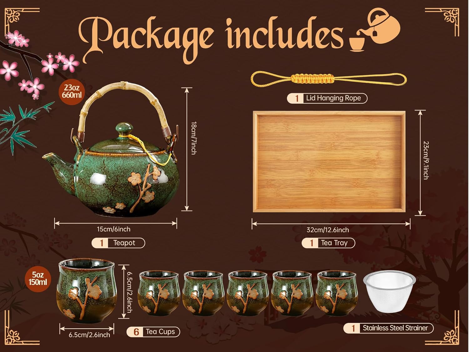 Traditional Japanese tea set, Kiln altered glaze Porcelain tea set with 1 Teapot, 6 Tea cups, 1 Tea Tray,Japanese teapot set, Asian tea sets (Kiln altered-Green)