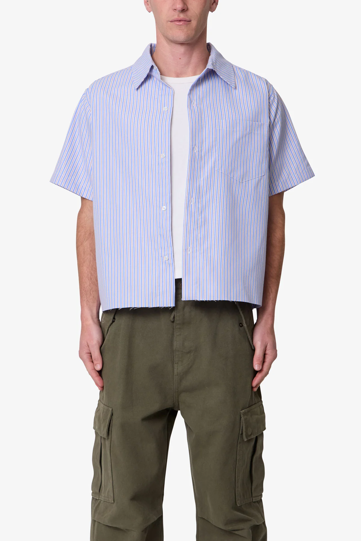 Striped Poplin Cropped S/S Shirt - Blue