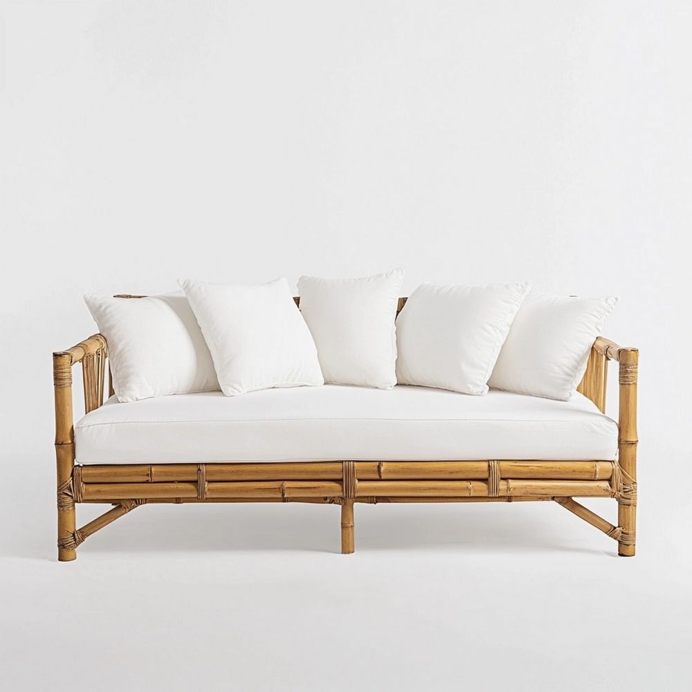 Sofá Natural Blanco Salón 3 Plazas Estilo Bohemio Bambú