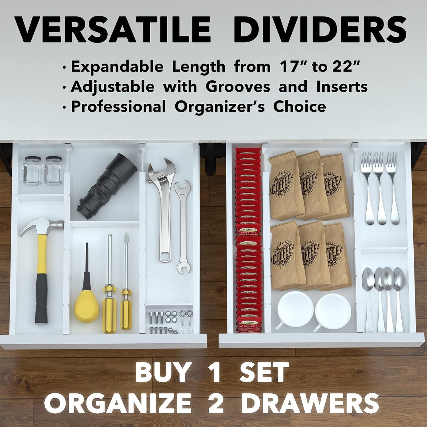SpaceAid Bamboo Drawer Dividers with Inserts and Labels, Kitchen Adjustable Drawer Organizers, Expandable Organization for Home, Office, Dressers, 4 Dividers with 9 Inserts (17
