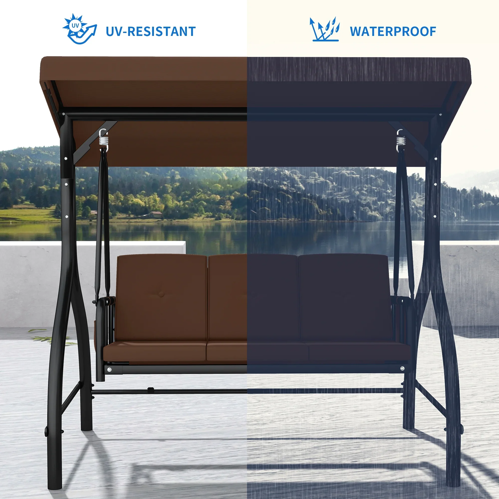 Dextrus Outdoor Patio Swing Chair, 3 Person Porch Swing with Adjustable Canopy, Removable Cushion, Suitable for Garden, Poolside, Balcony,(Brown)