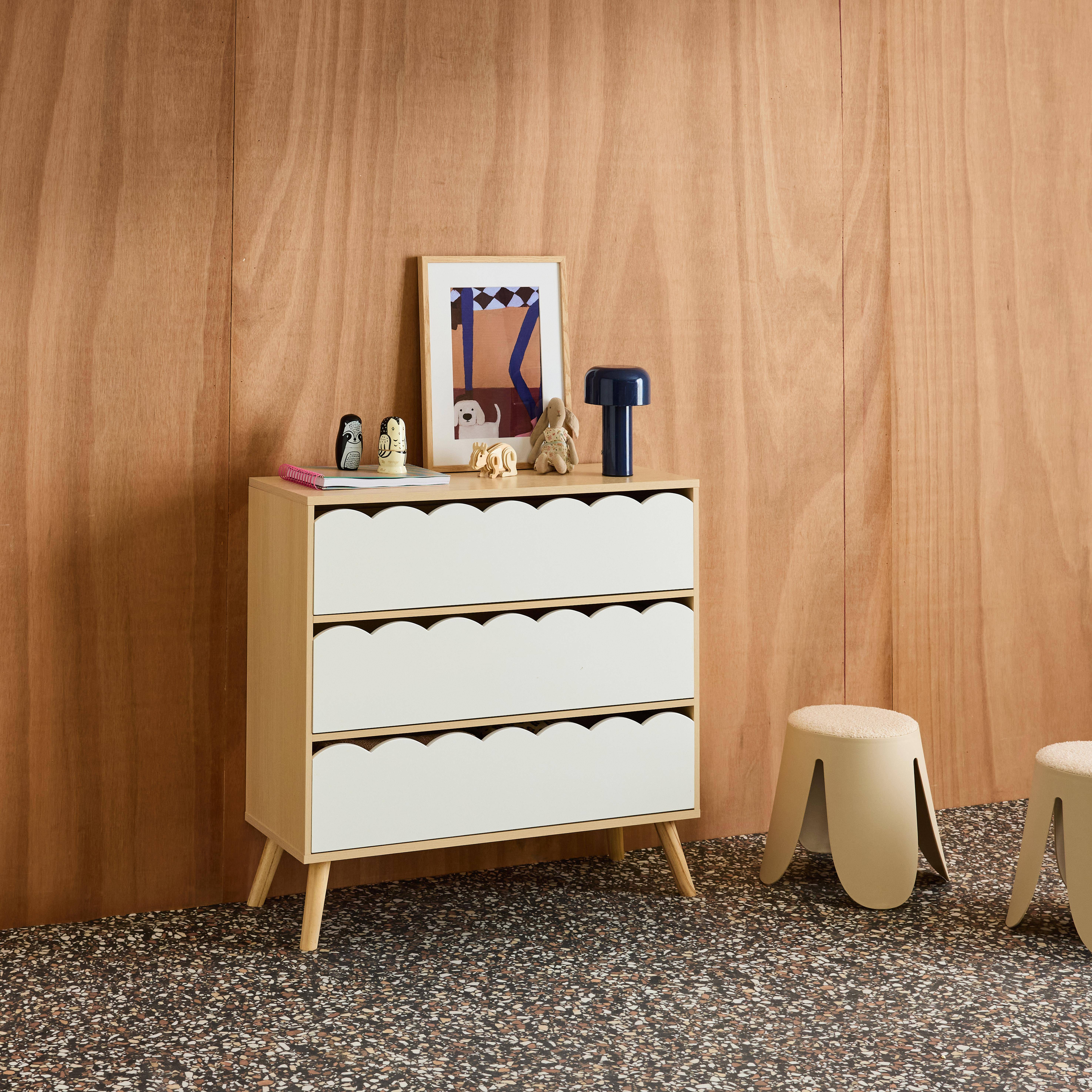 Azur - Cómoda infantil efecto madera con patas de pino, 3 cajones
