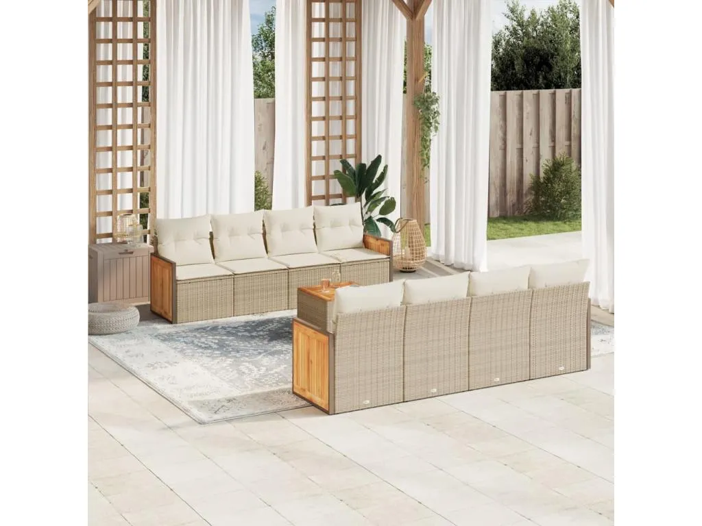 Set de sofás de jardín 9 piezas con cojines ratán sintético beige 12643CVZD