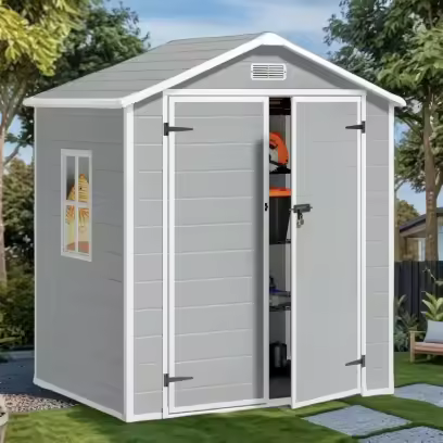 6x4 FT Resin Storage Shed, Lofka Plastic Outdoor Shed with Heavy Duty Floors, 135.6 cu ft, Colorfast, Side Window, Double Lockable Doors for Garden Backyard
