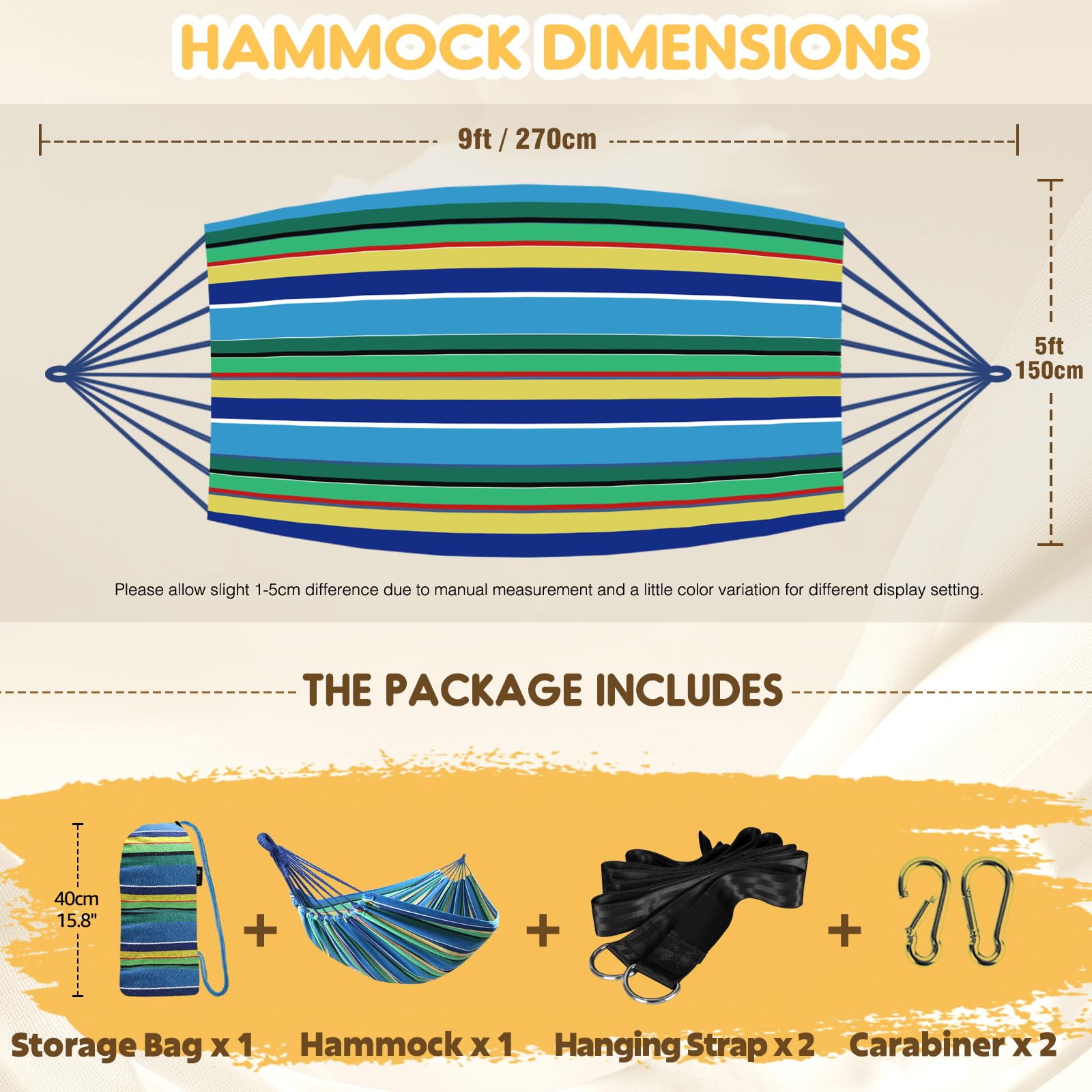 Double Size Quick Setup Camping Hammock, 2-Person Portable Outdoor Hammock with Comfortable Fabric, Great for Garden & Camping