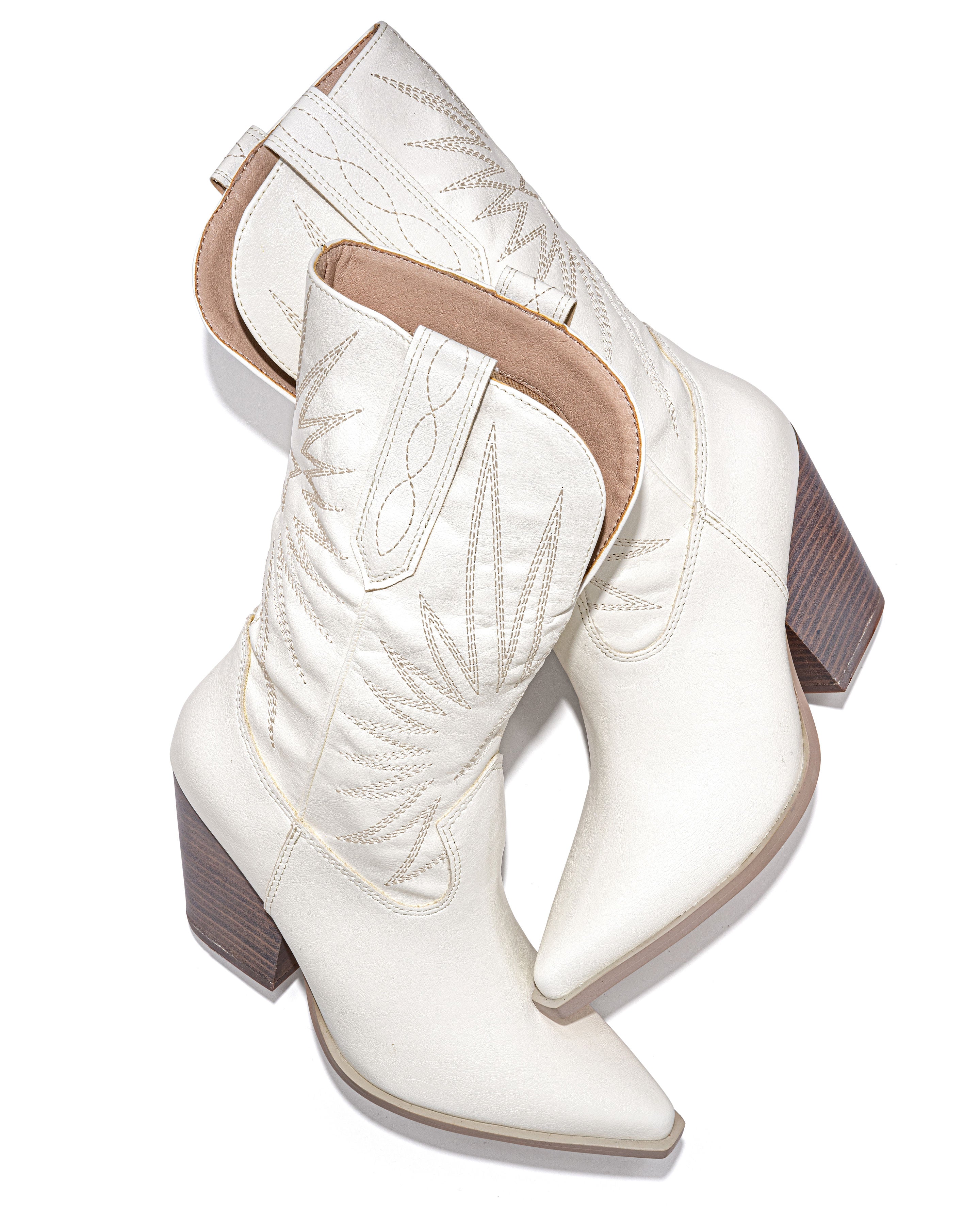 Liya Embroidered Heeled Western Boot - White - Se7enfashion
