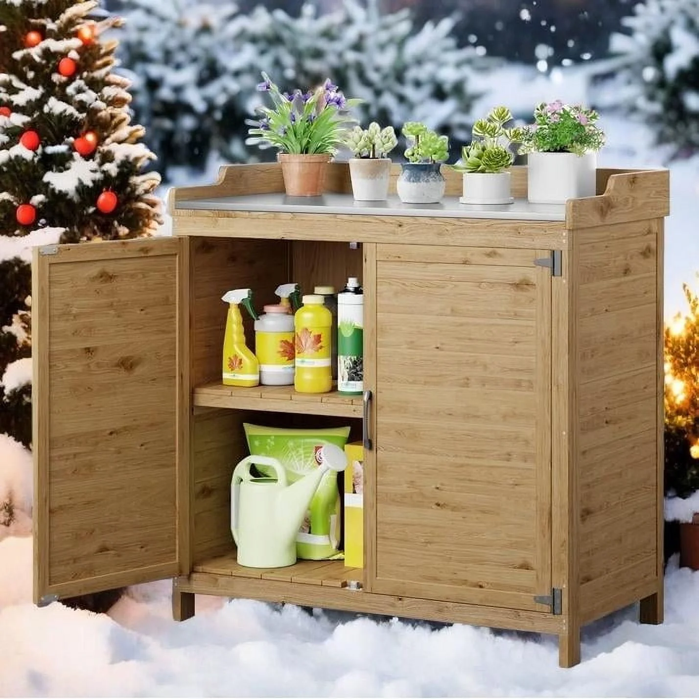 Lofka Outdoor Storage Cabinet, Outdoor Potting Bench Table with Removable Shelves for Yard, Garden, Waterproof Wood - Image 12