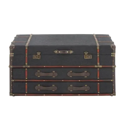 Roche River Decor Faux Leather or Linen Fabric Coffee Table Trunk with 2 Drawers and Buckle Hinged Top - Available in Dark Blue or Brown