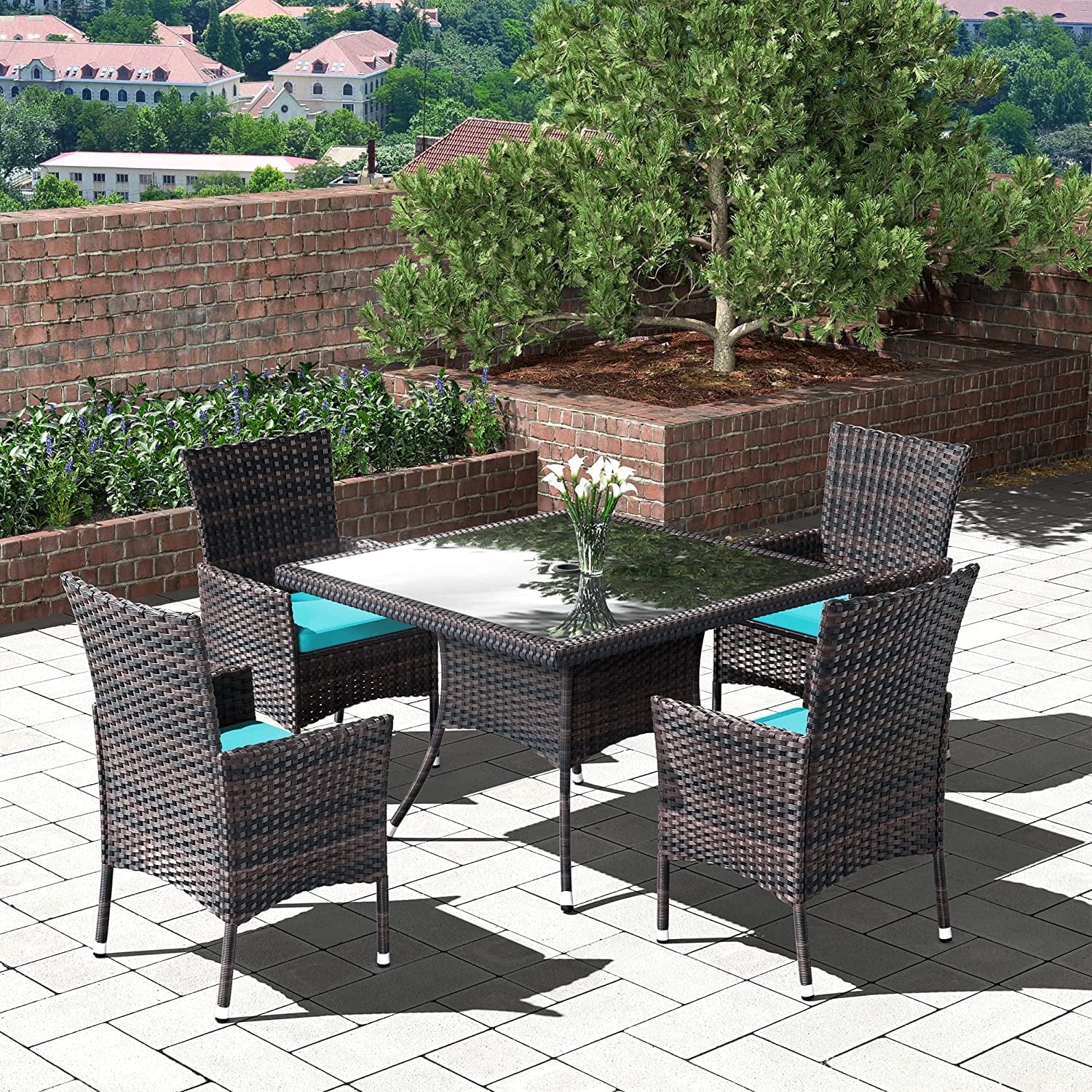 ALAULM 5 Pieces Patio Dining Set Outdoor Rattan Furniture with Square Glass Tabletop 4 Chairs with Cushions for Patio, Backyard Outdoor Kitchen Lawn & Garden Blue - Image 2