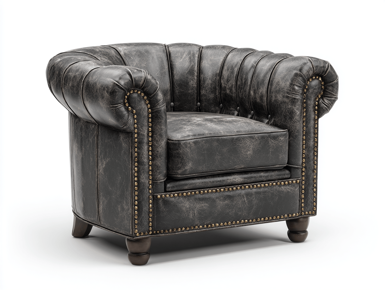 Sillón tapizado – cuero sintético negro envejecido – estilo Chesterfield clásico