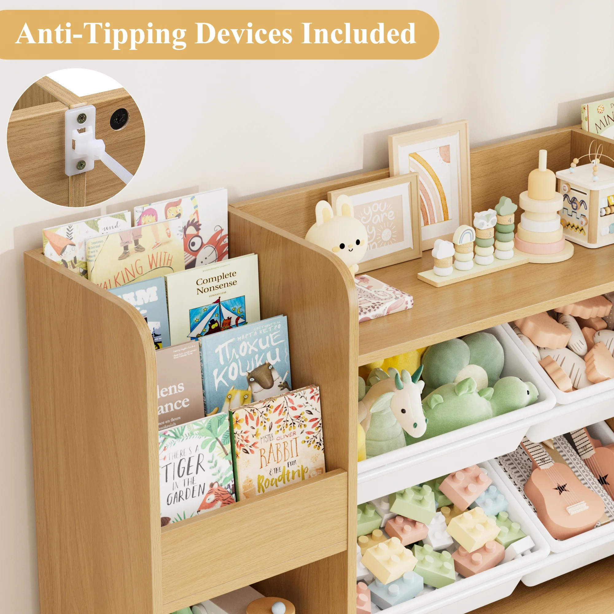 Hiphuta Kids Bookcase Toy Storage Organizer, Wooden Toy Organizer of 4 Bins& 2 Removable Drawers for Home Bedroom, Kids Bookshelf Toy Box with Book Rack, White - Image 13