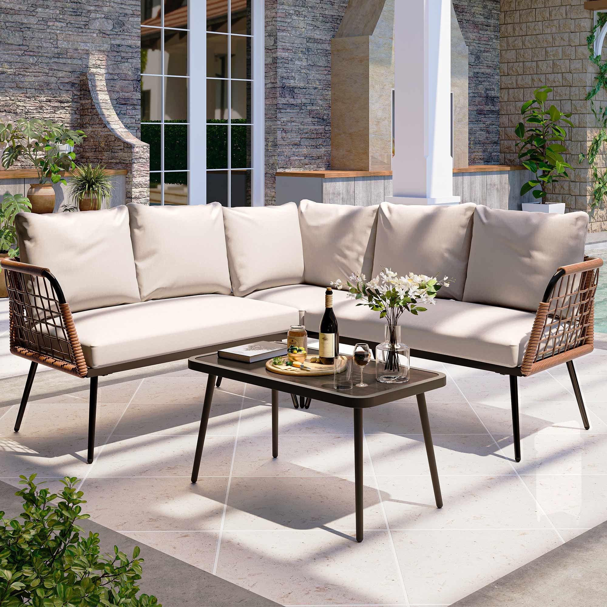 LAUSAINT HOME 4 Pieces Outdoor Conversation Sets, Patio Metal Frame Sofa with Wood Loveseat and Coffee Table, Beige Cushions - Image 19