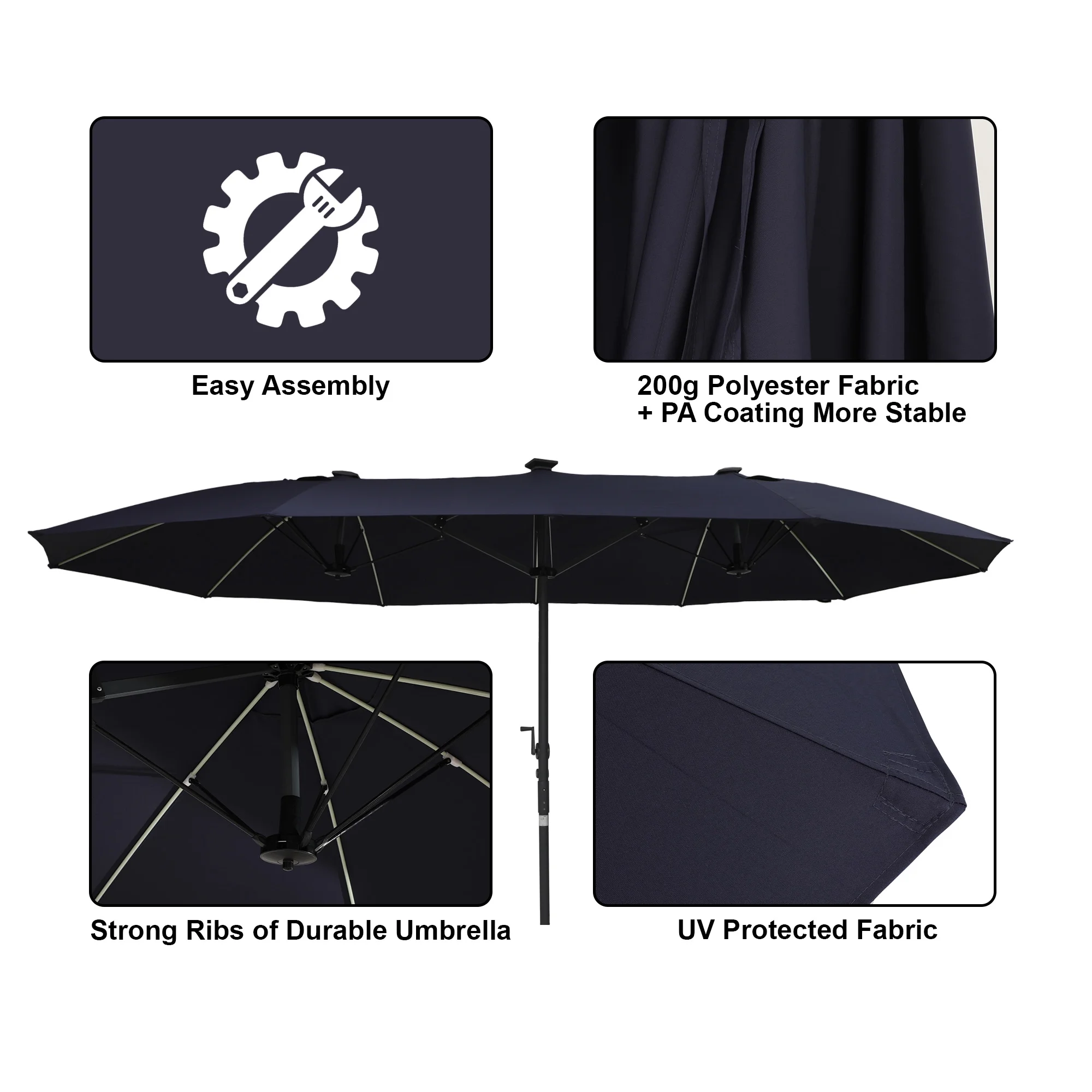 Mondawe 15ft Patio Umbrella, Large Double-Sided Solar LED Outdoor Umbrella with Fiberglass Ribs and Base for Deck Pool, Navy Blue - Image 8