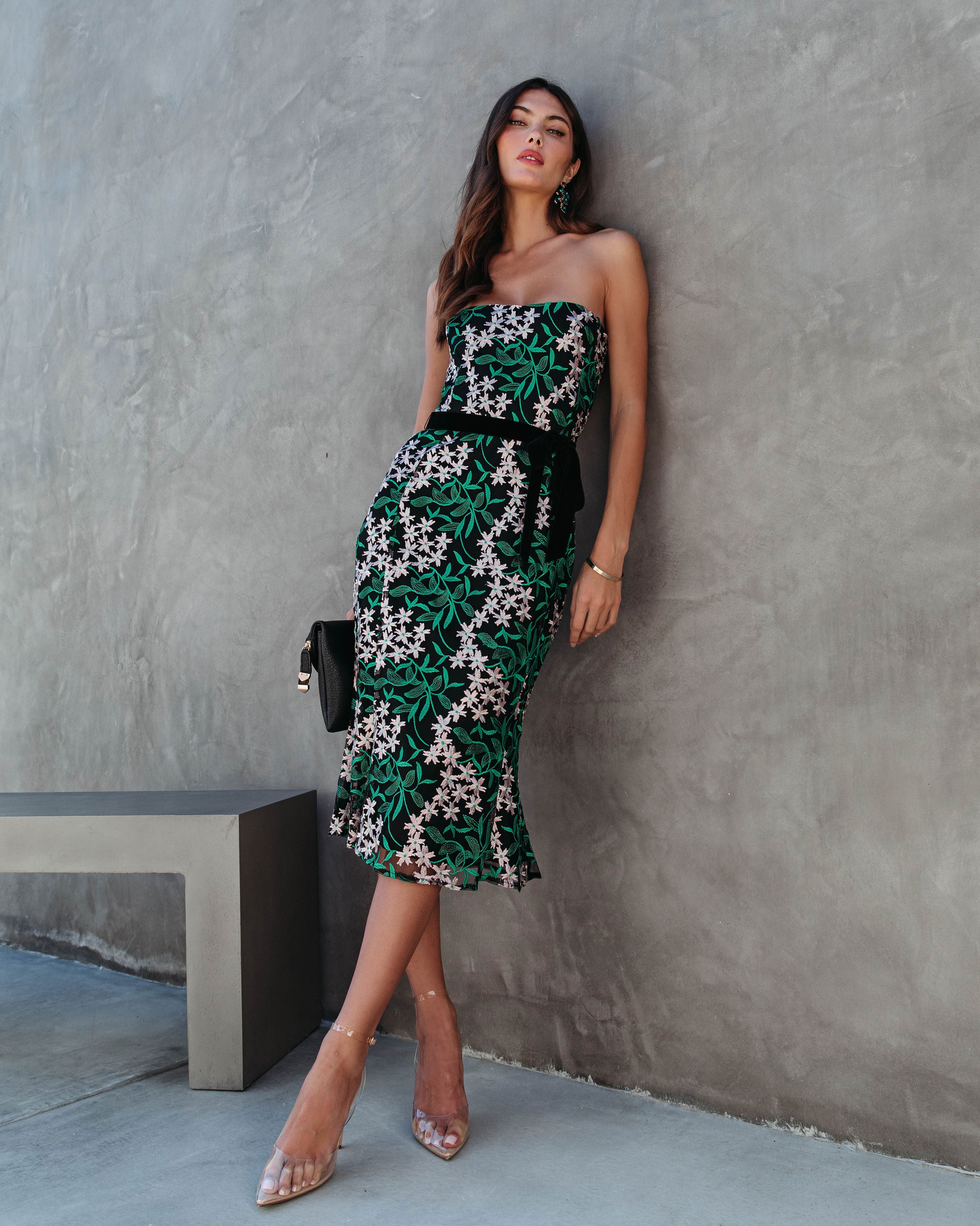 Midnight Paradise Strapless Floral Embroidered Midi Dress - Green - Se7enfashion