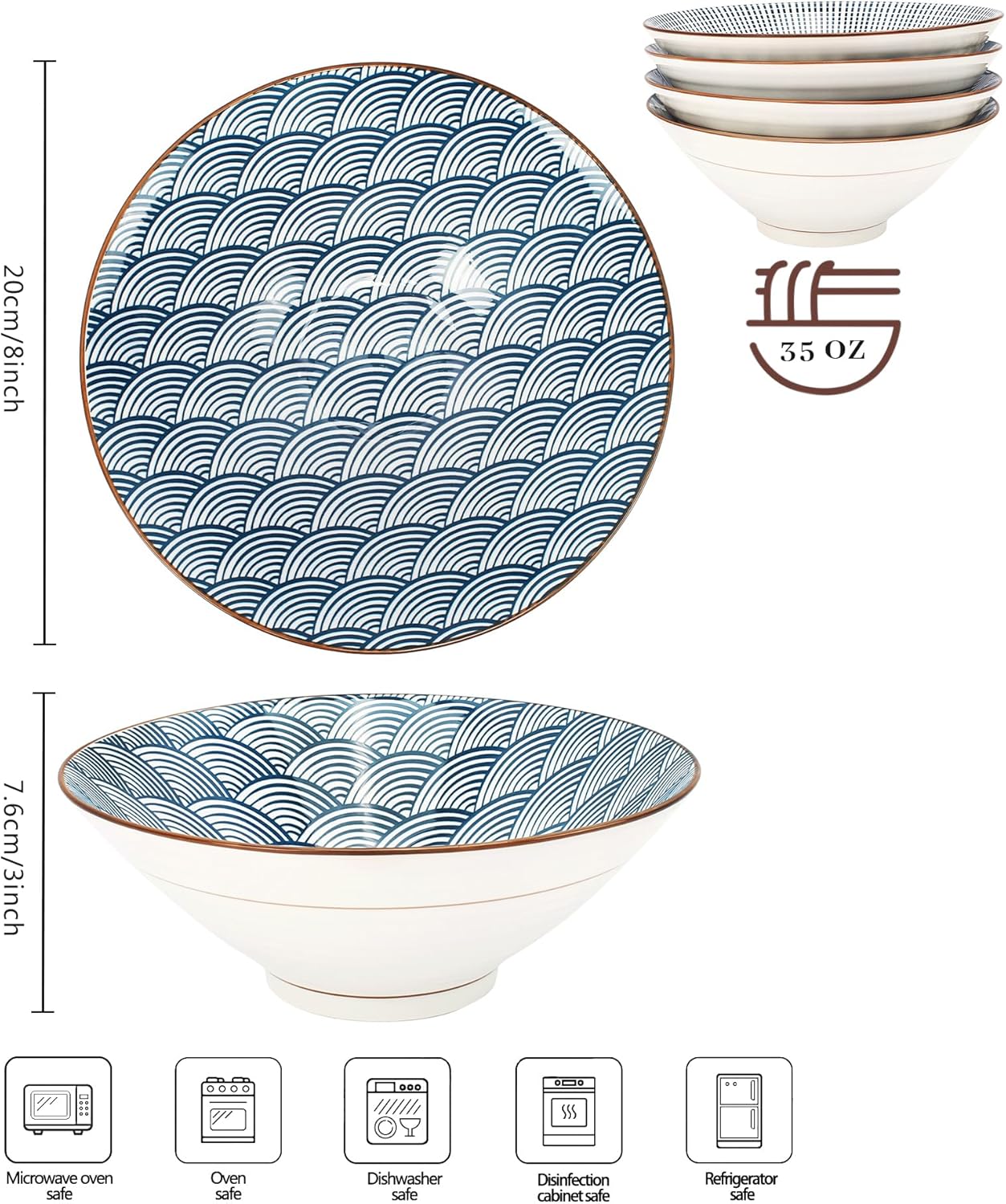 Ramen Bowls Set of 4, 8 Inch 38oz Porcelain Noodle Bowls for Pho, Ramen & Soup, Large Ceramic Ramen Bowl Set Microwave & Dishwasher Safe, Japanese Blue and White Style
