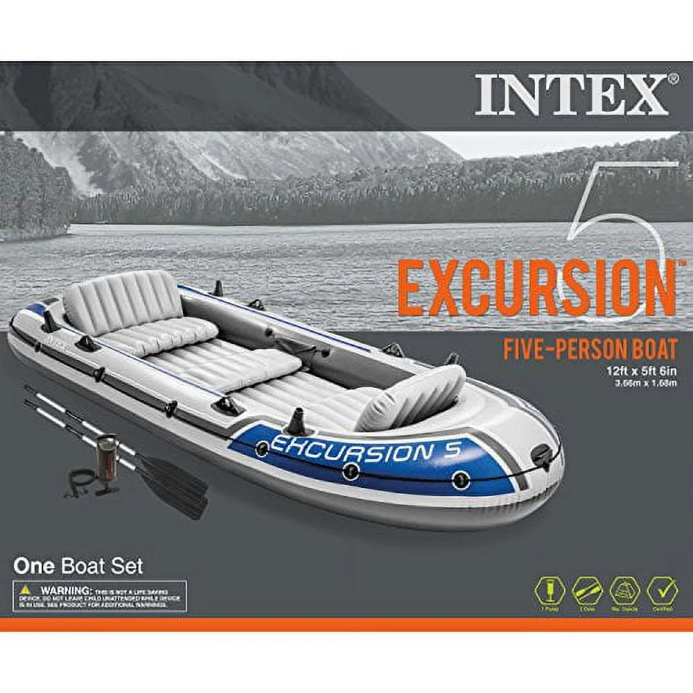 Intex 68325EP Excursion Inflatable 5 Person Heavy Duty Fishing Boat Raft Set with 2 Aluminum Oars & High Output Air Pump for Lakes & Mild Rivers, Gray - Image 4