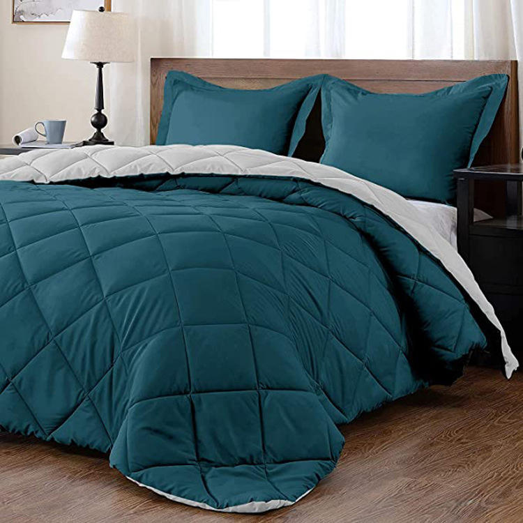 4PCS Comforter Set Reversible 2-Tone Diamond Quilted Bedding Soft Polyester Down Alternative Bed Set