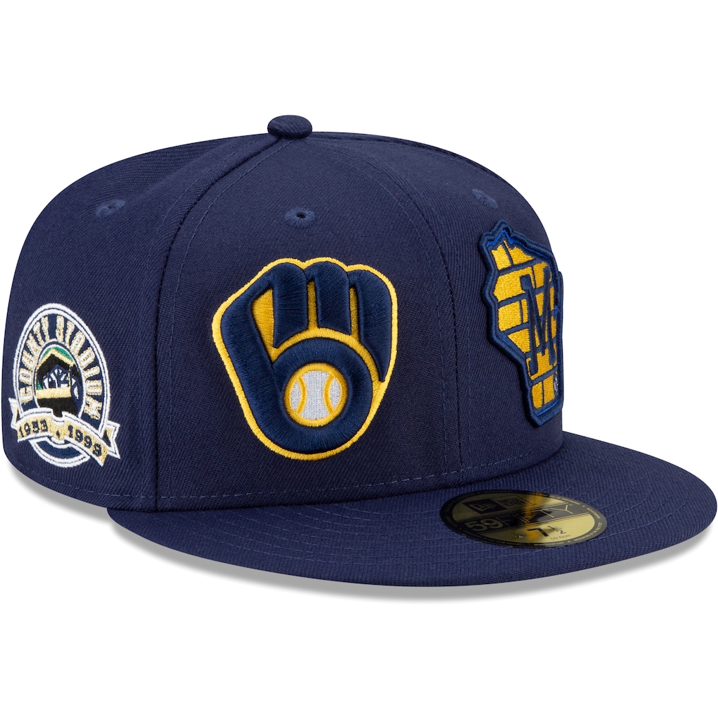 Angled side view of the New Era Milwaukee Brewers Navy 59FIFTY Fitted Hat highlighting the commemorative County Stadium 1953-1999 side patch.