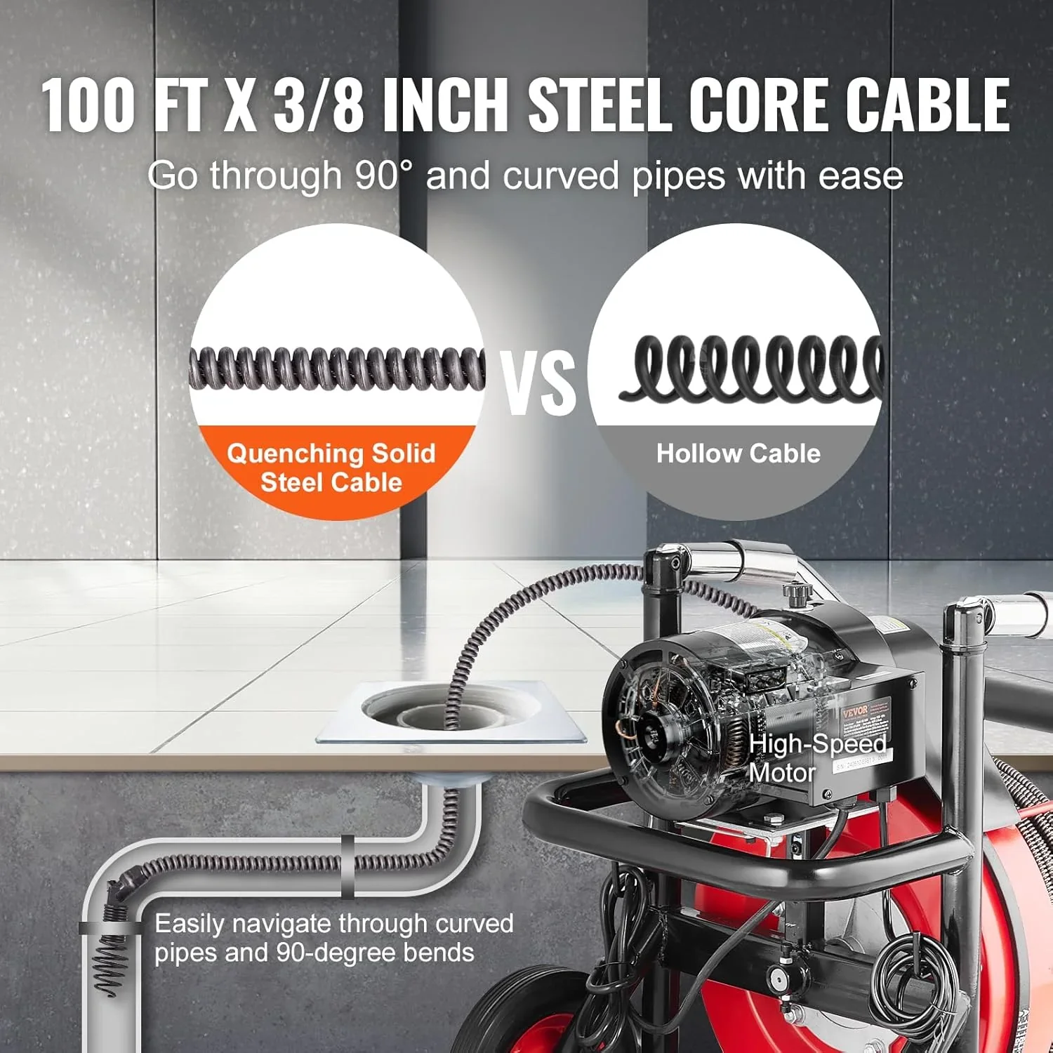 Drain Cleaner Machine 100FT x 1/2 Inch, Auto Feed Sewer Snake Auger on Wheels, 550W Portable Drain Cleaning Machine with 8 Cutters & Air-activated Foot for 2" to 4" Pipes
