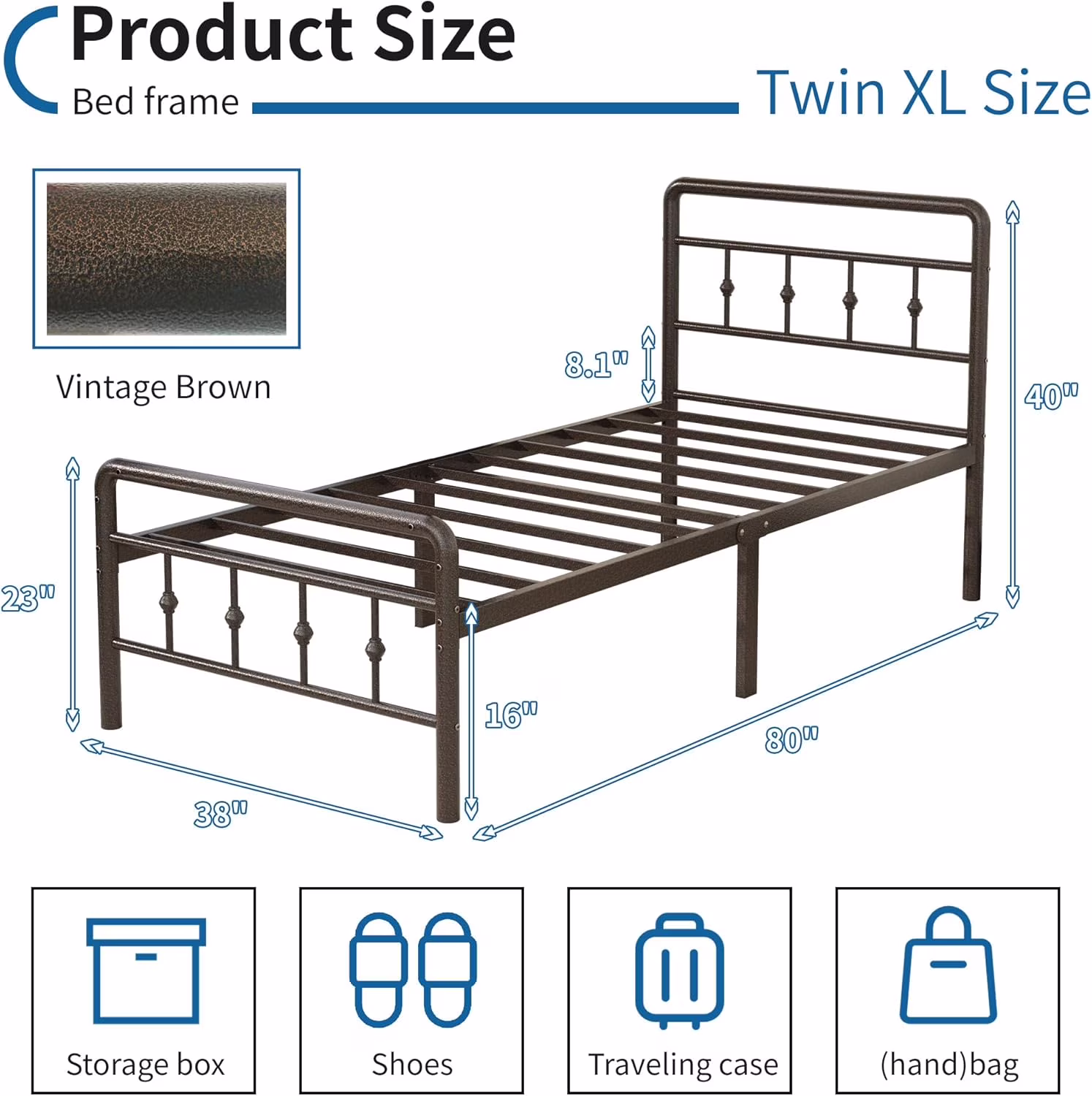 16 in Twin XL Bed Frame with Headboard and Footboard, Classic Metal Platform No Box Spring Needed Heavy Duty Victorian Style Iron - Art Mattress Foundation, Under Bed Storage, Brown