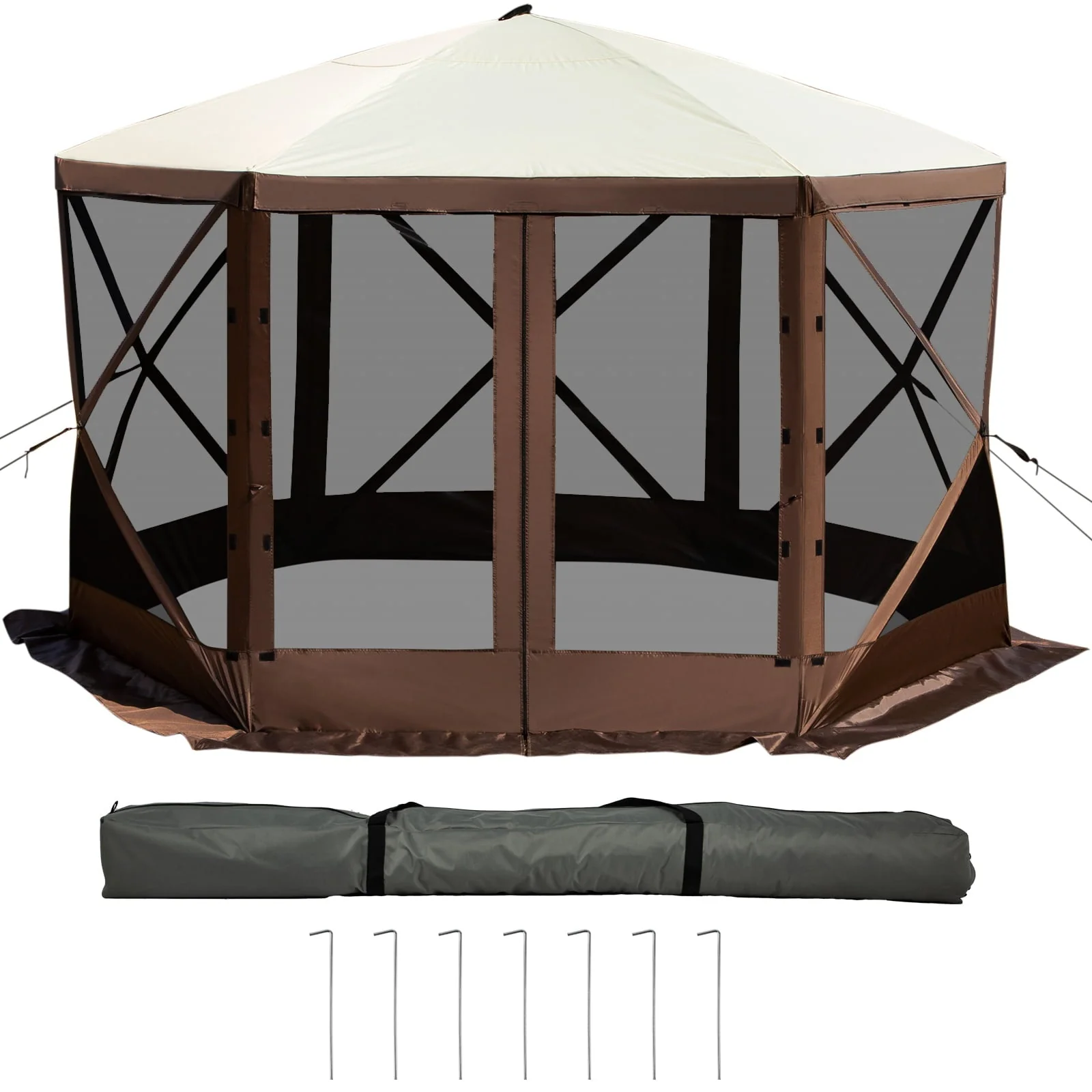 VEVORbrand Camping Gazebo Tent, 12'x12', 6 Sided Pop-up Canopy Screen Tent for 8 Person Camping, Waterproof Screen Shelter w/Portable Storage Bag, Ground Stakes, Mesh Windows, Brown & Beige - Image 9