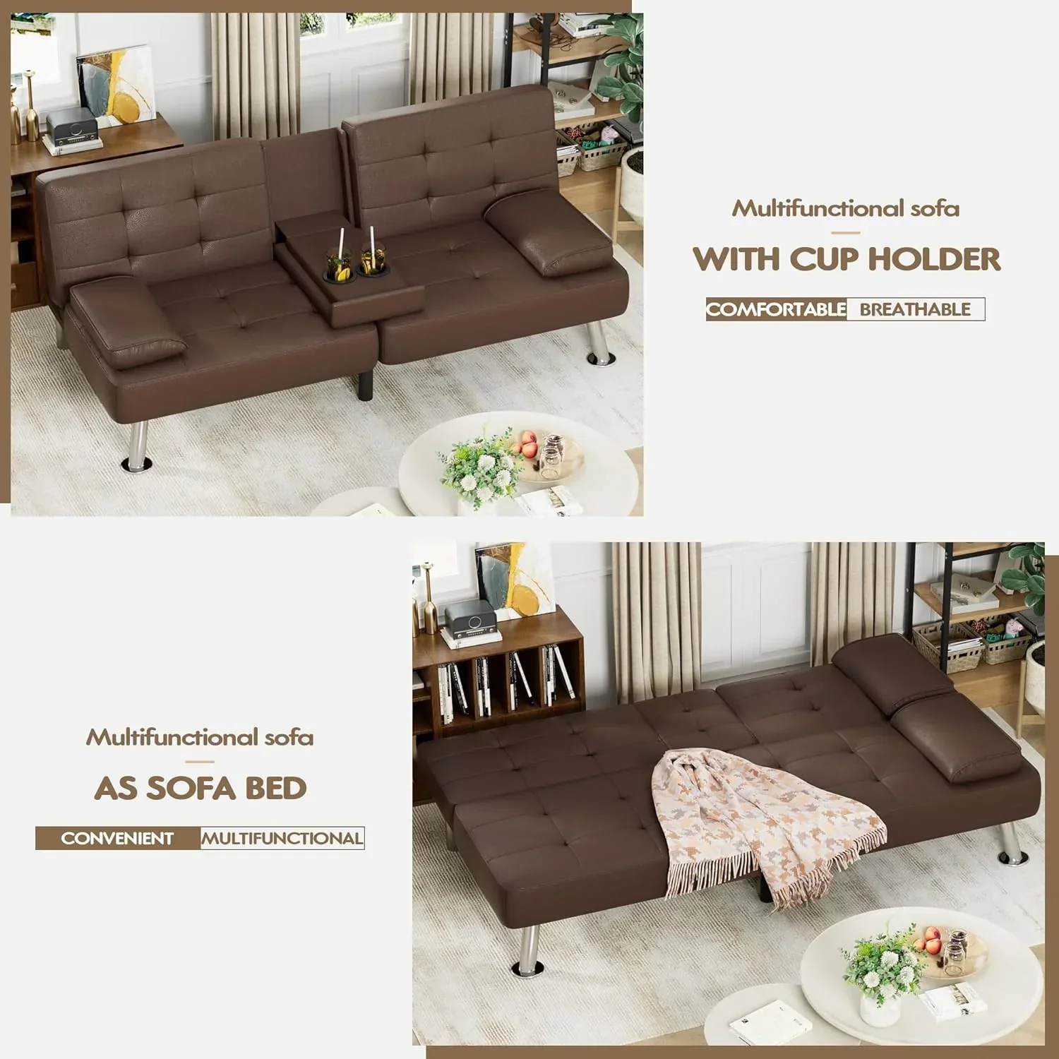 Homall Futon Sofa Bed Leather Futon Couch with Armrests Adjustable Recliner Sleeper Sofa Bed