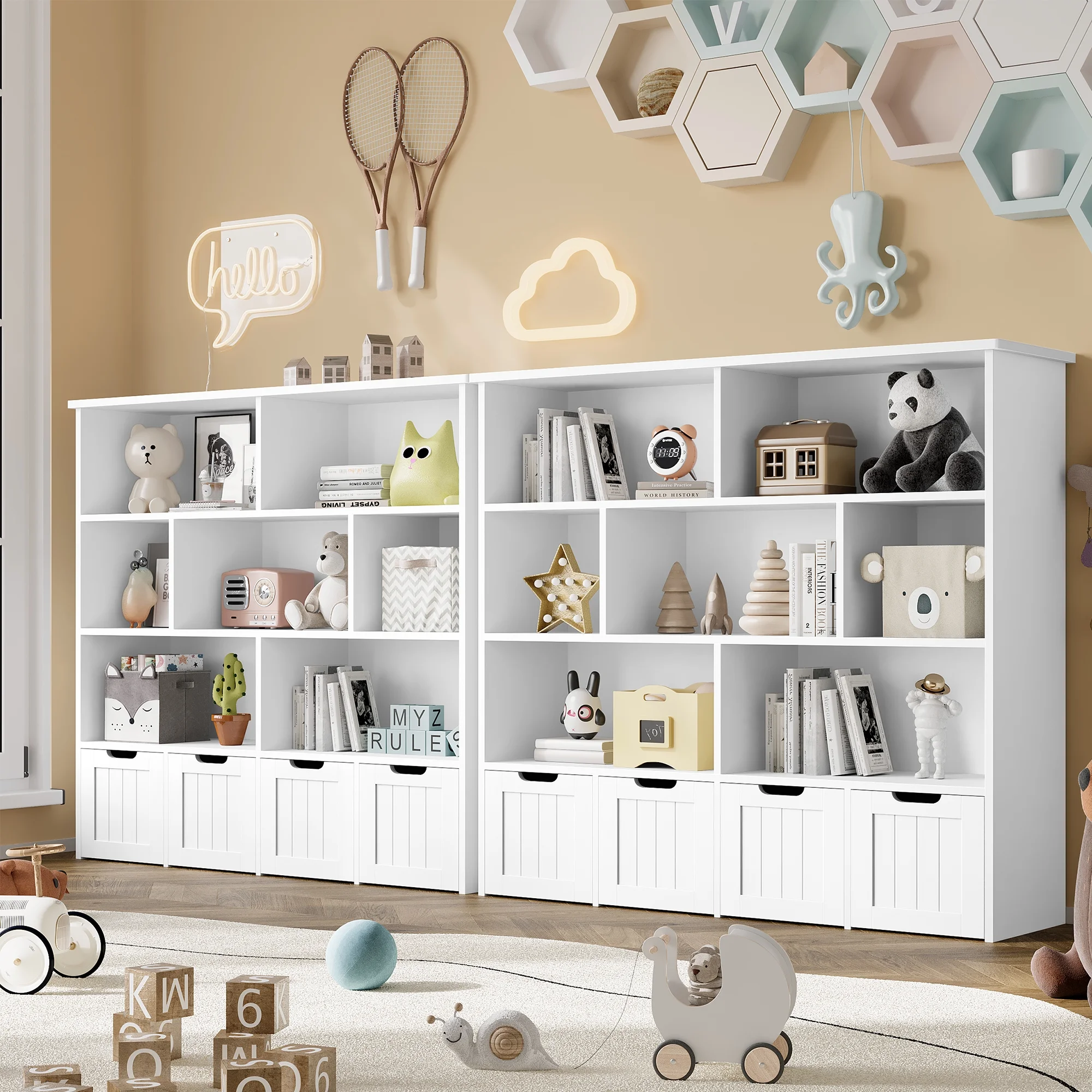 Homfa 7 Cube Toy Storage Organizer, Kids Geometric Bookcase and Bookshelf with 4 Drawers, White - Image 2