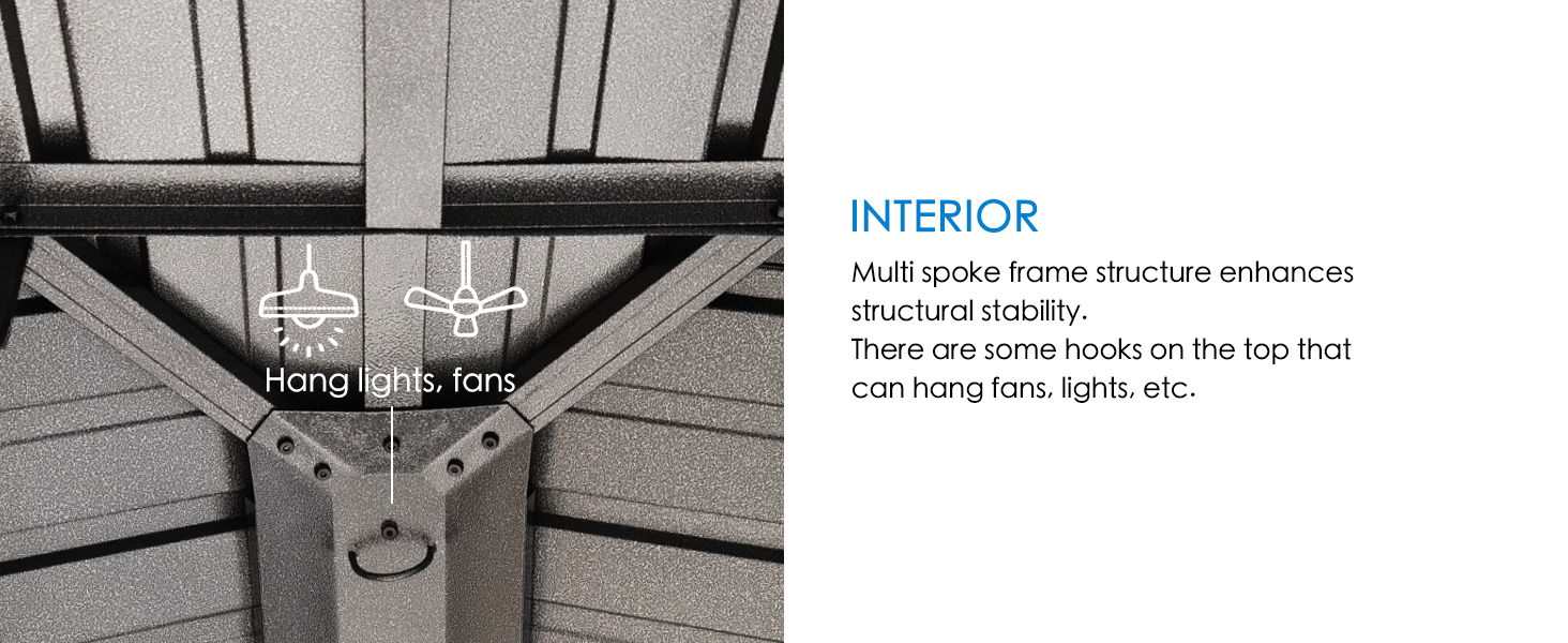 gazebo interior, multi - spoke frame, hanging hooks