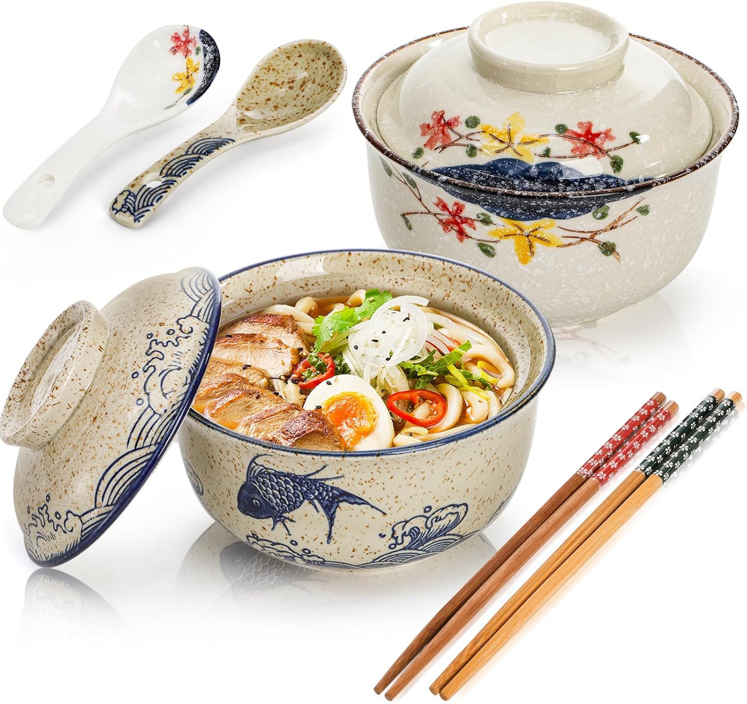 2 Pieces Ceramic Ramen Bowls, 25 Oz Large Soup Bowl with Lid, Spoon, Chopstick, Hand-painted Japanese Tableware for Noodles, Salad, Rice, Microwave Dishwasher safe