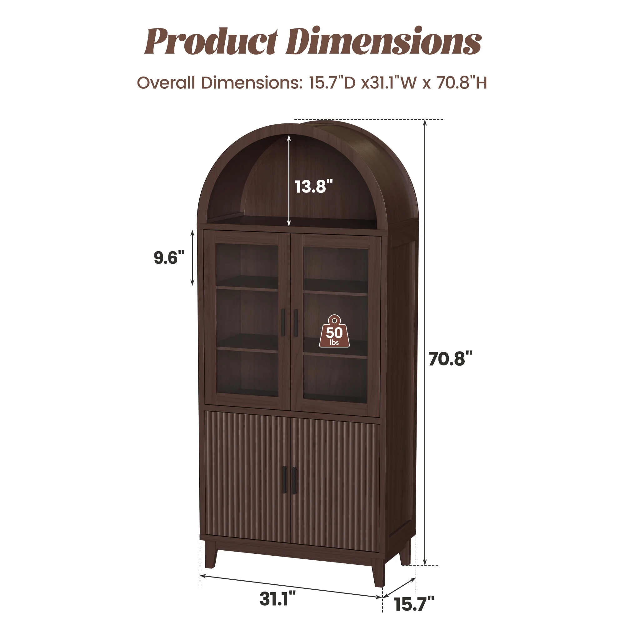 VEANERWOOD 71" Tall Arch Cabinet, Wood Fluted Kitchen Kitchen Storage Cabinet with 4 Doors and 6 Shelves for Dining Room Living Room - Image 18