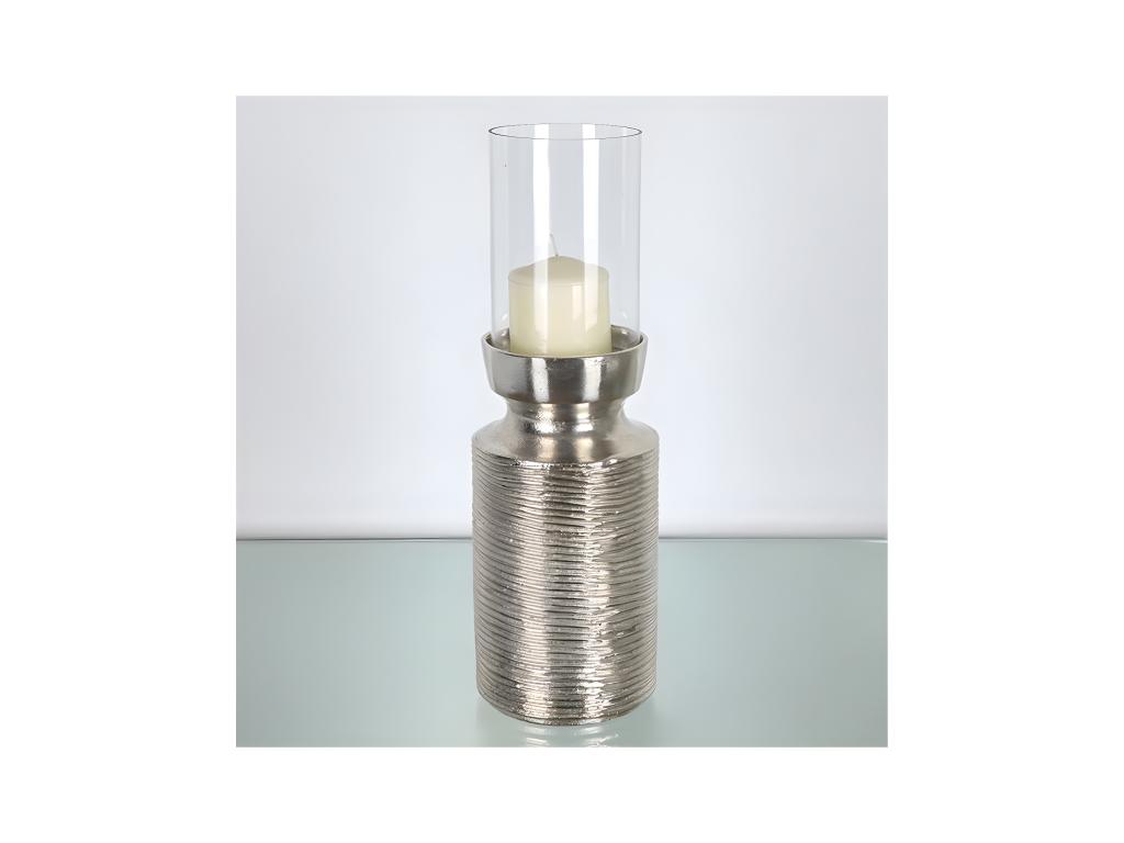 Candelero de aluminio plateado y cristal de 29cm frank