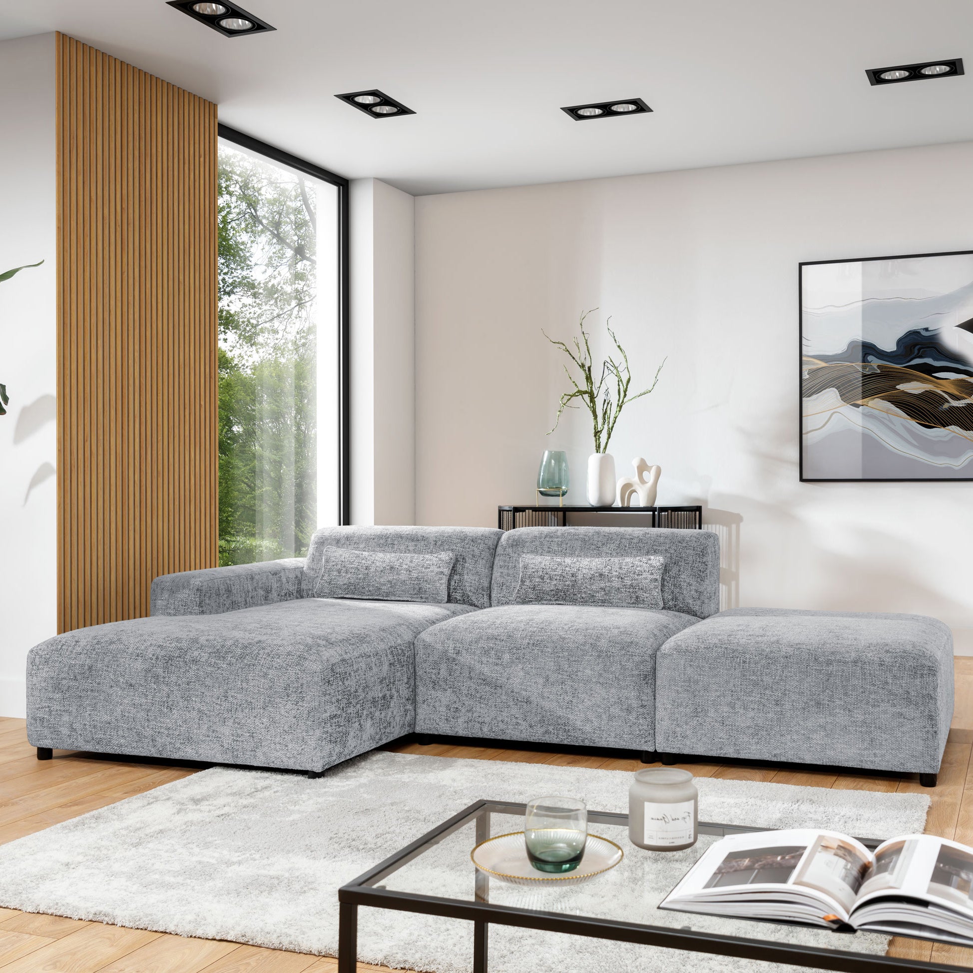 Blokker Velura Hoekbank Links met Hocker - Chenille - Grijs