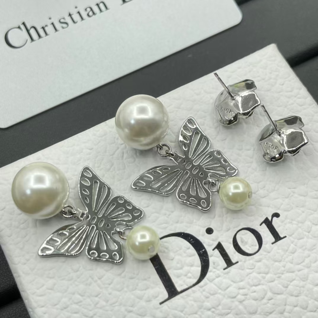 Dior Silver Butterfly Pearl Earrings - Original Replica Club