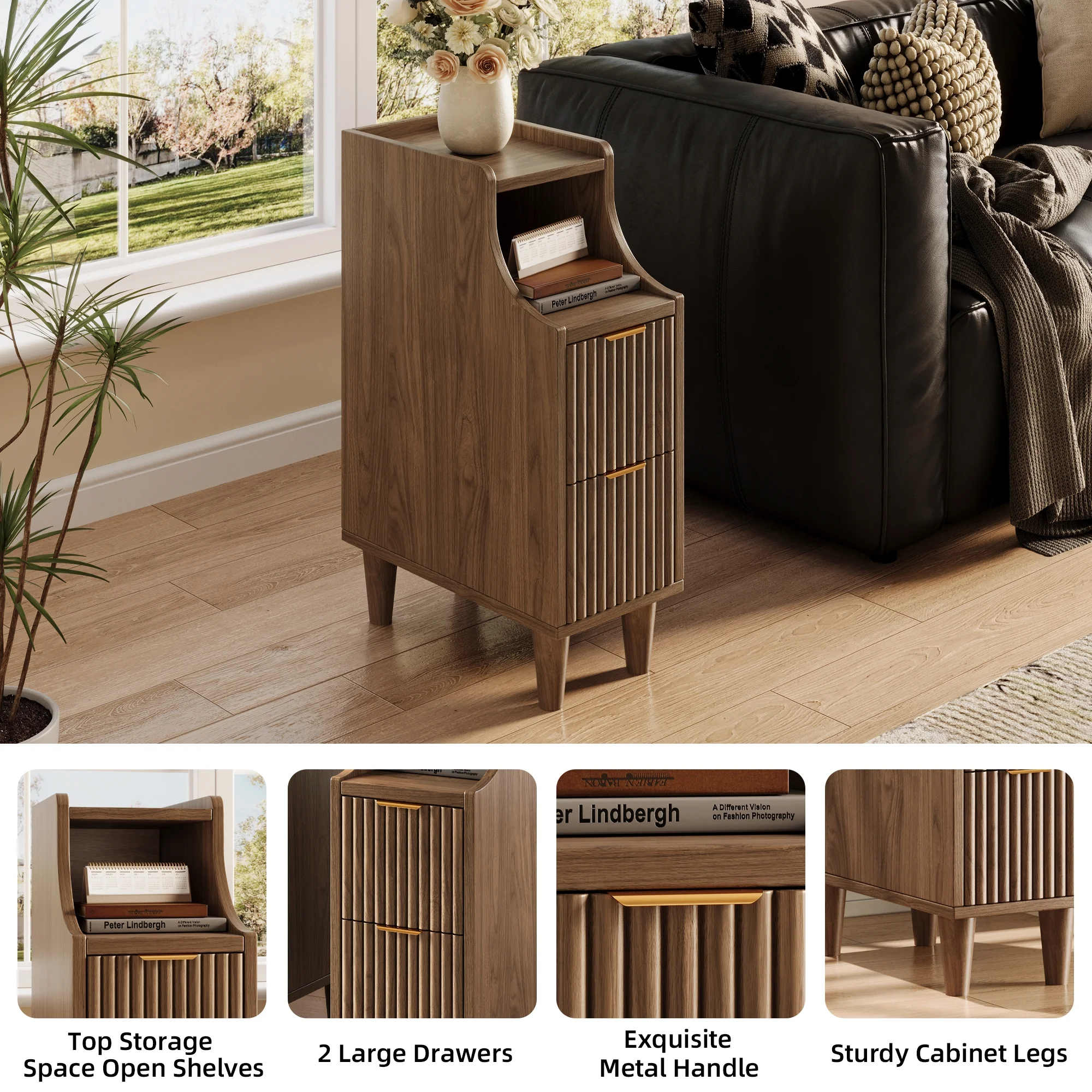 UGTOO 24.4"Tall Walnut Finish 2PC Bedside Table Set with 2 Large Drawers & Top Storage Space Open Shelf, Sturdy Wood Legs, Vintage Cabinet Nightstand for Bedroom with Metal Handle - Image 5