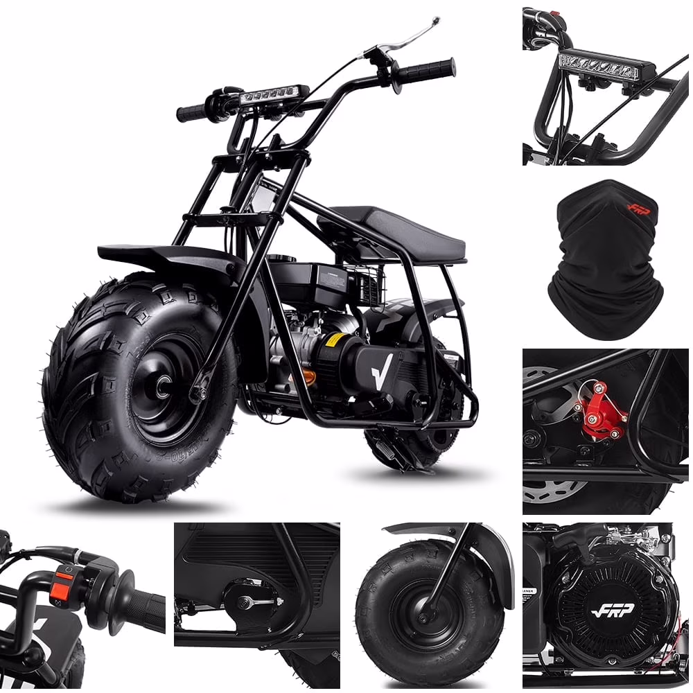 FRP GMB100 Mini Bike, 99CC 4 - Stroke Mini Bikes for Adults, Gas Powered Mini Dirt Bike, Off - Road Motorcycle W/LED Headlight and Neck Gaiter, up to 28 Mph, Weight Support up to 220 lb(Black)