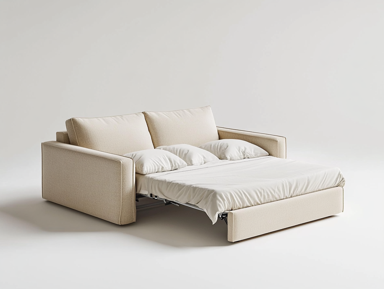 Sofá cama de tela beige moderno para sala de estar 200x90cm funcional y elegante